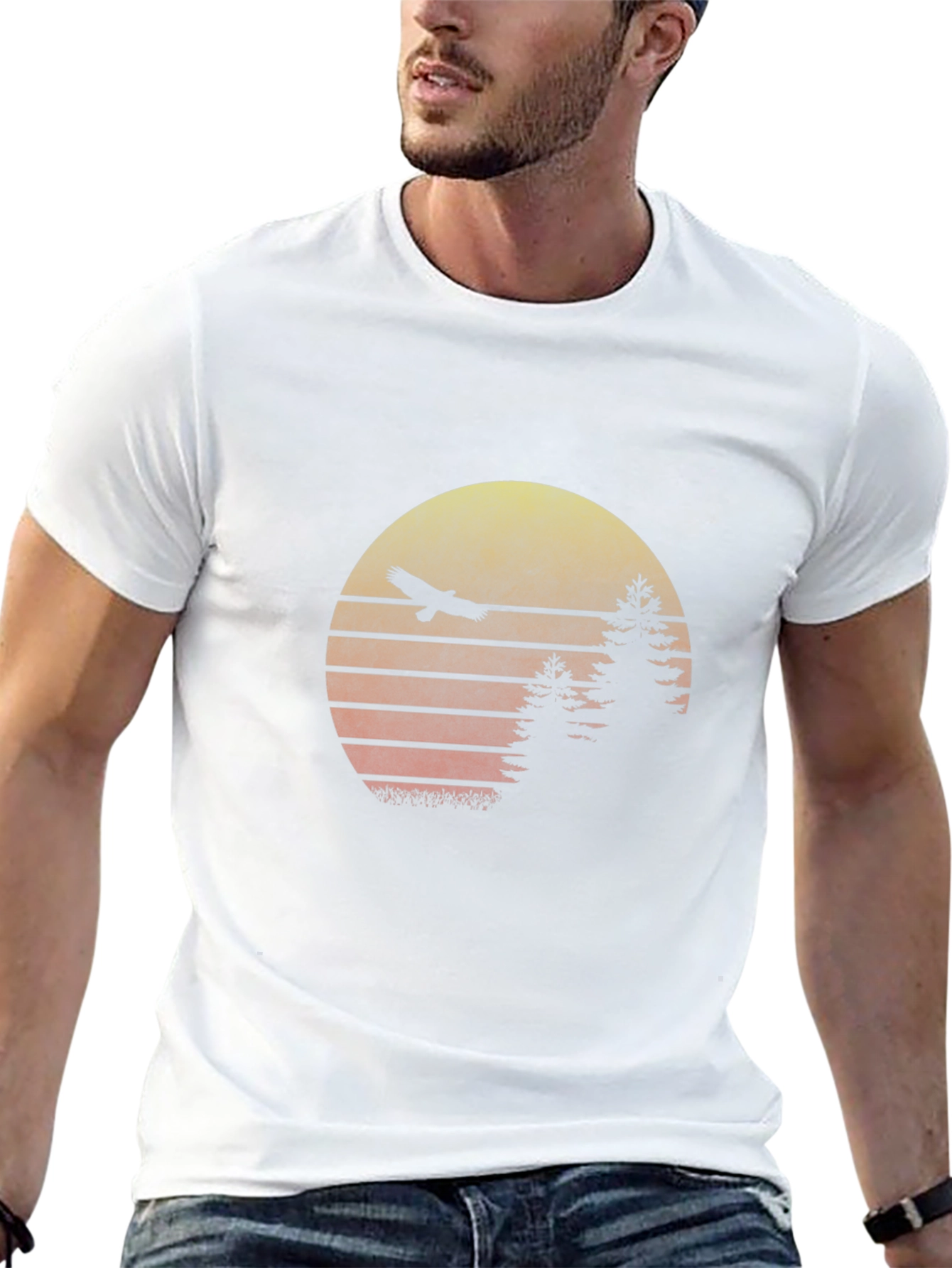 Retro Sunset Eagle Graphic Tee - Black Cotton Blend