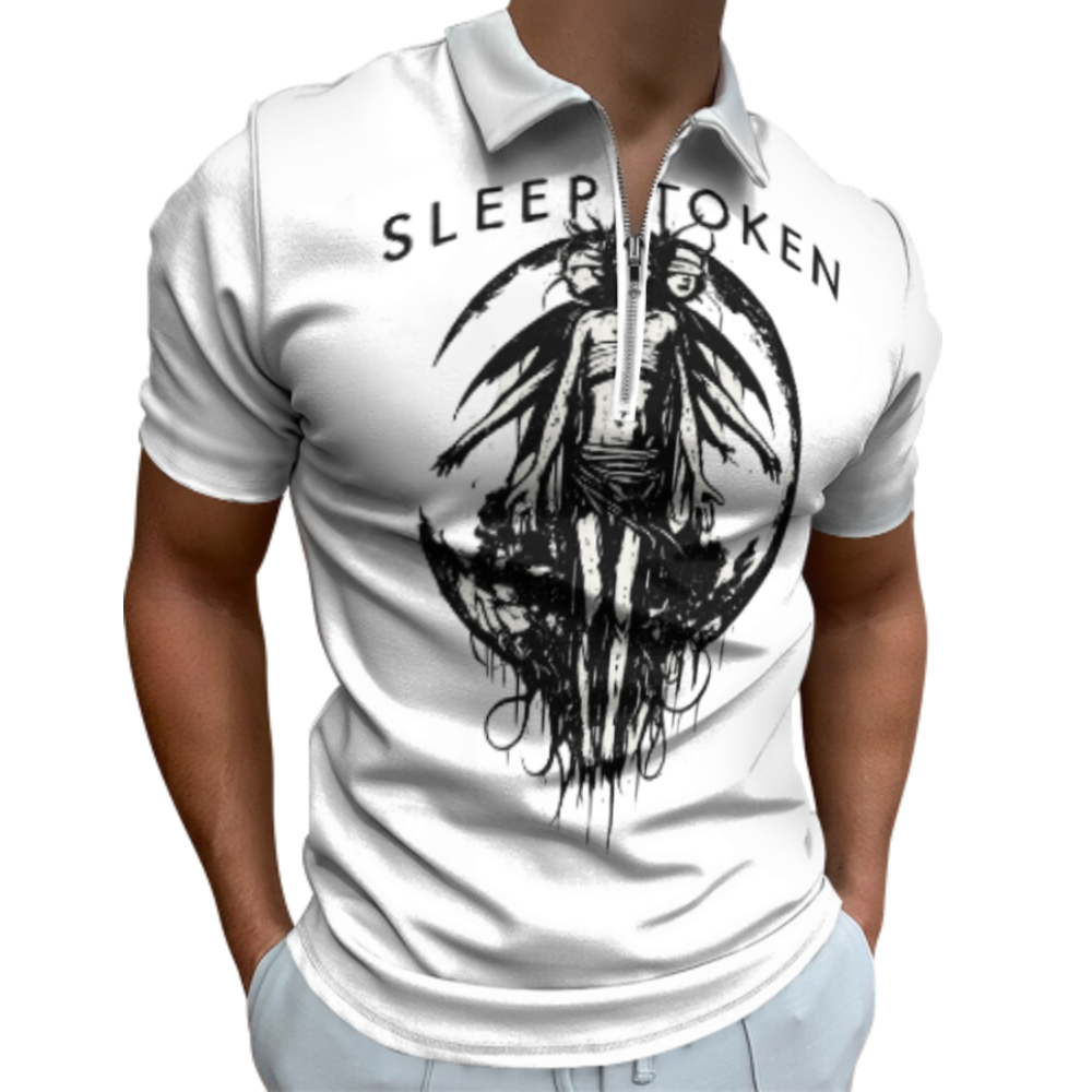 Sleep Ritual Gothic Graphic Zip Polo Shirt, Dark Fantasy Streetwear Collared Tee, Vintage Inspired Alternative Fashion Top, Oversized Aesthetic Casual Shirt(z701)