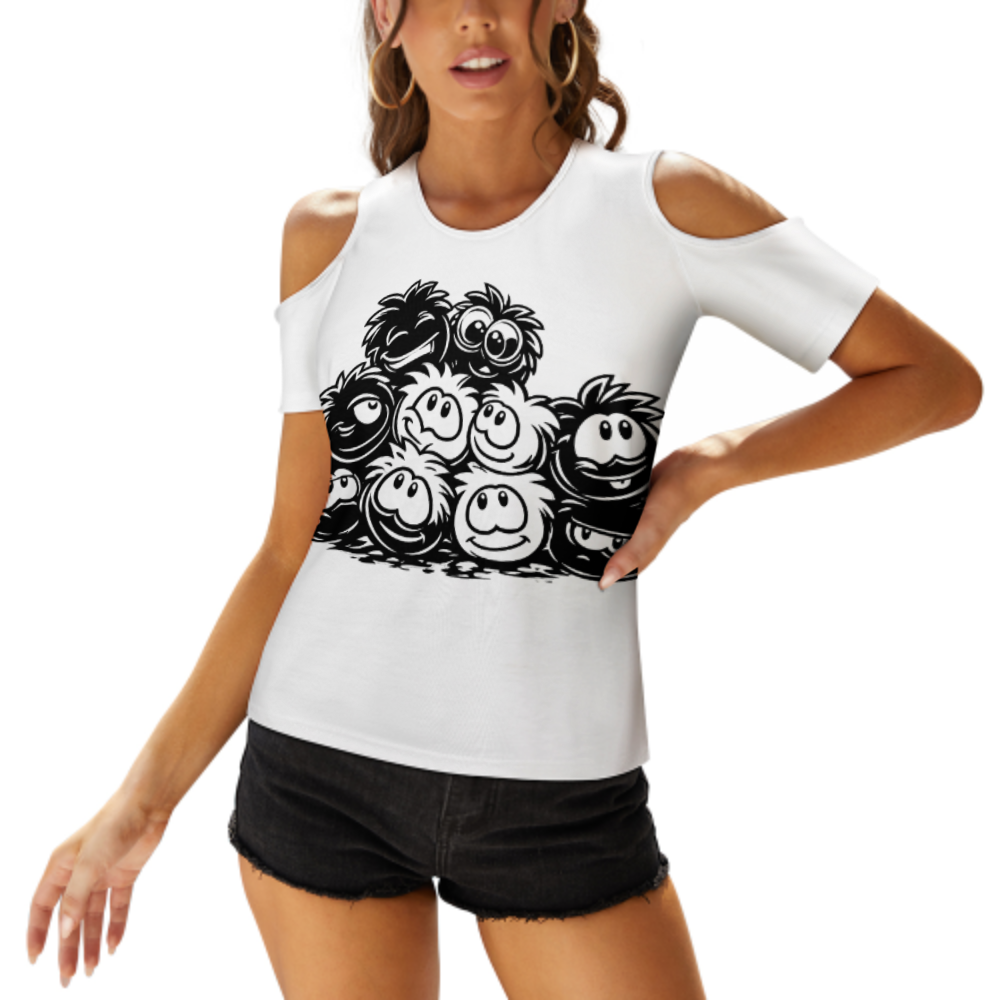 Funny Fuzzy Cartoon Graphic Tee, Cute Monster Smile Shirt, Playful Retro Character Top, Whimsical Black and White Graphic T-Shirt(z716)