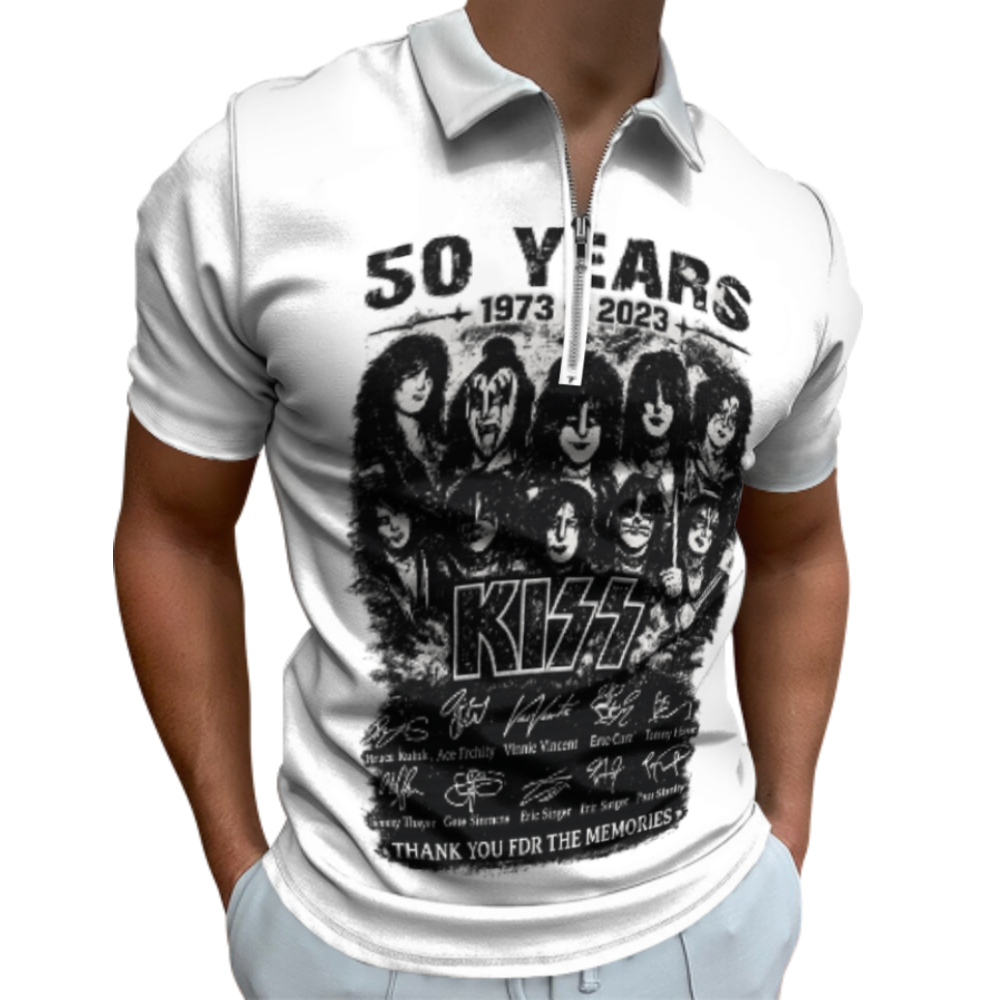 Vintage Rock Band Tribute Graphic Polo Shirt, Retro Concert Fan Art Zip Polo, Classic Music Inspired Streetwear Tee(z707)