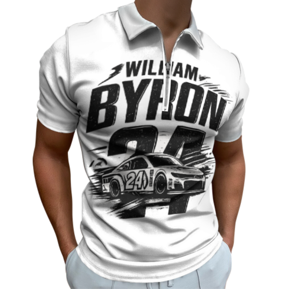Vintage Racing Driver Graphic Polo Shirt, Retro Speed Car Number 24 Zip Tee, Motorsport Inspired Streetwear Top(z709)