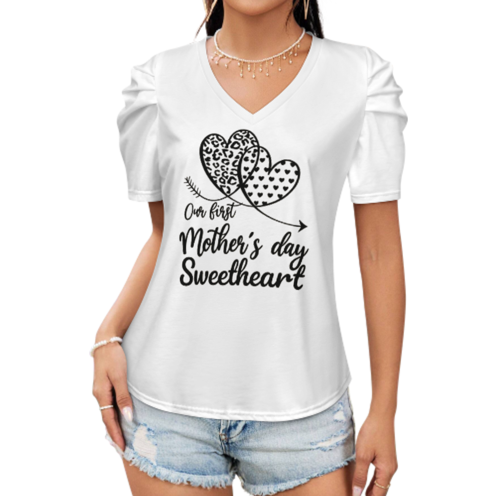 Our First Mother’s Day Sweetheart V-Neck Tee, Cute Heart Graphic Mom Shirt, Minimal Family Celebration Top, Stylish Motherhood Gift for New Moms(z692)