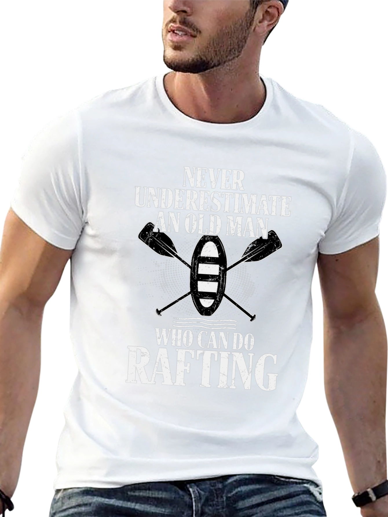 Never Underestimate Rafting Old Man Black T-Shirt