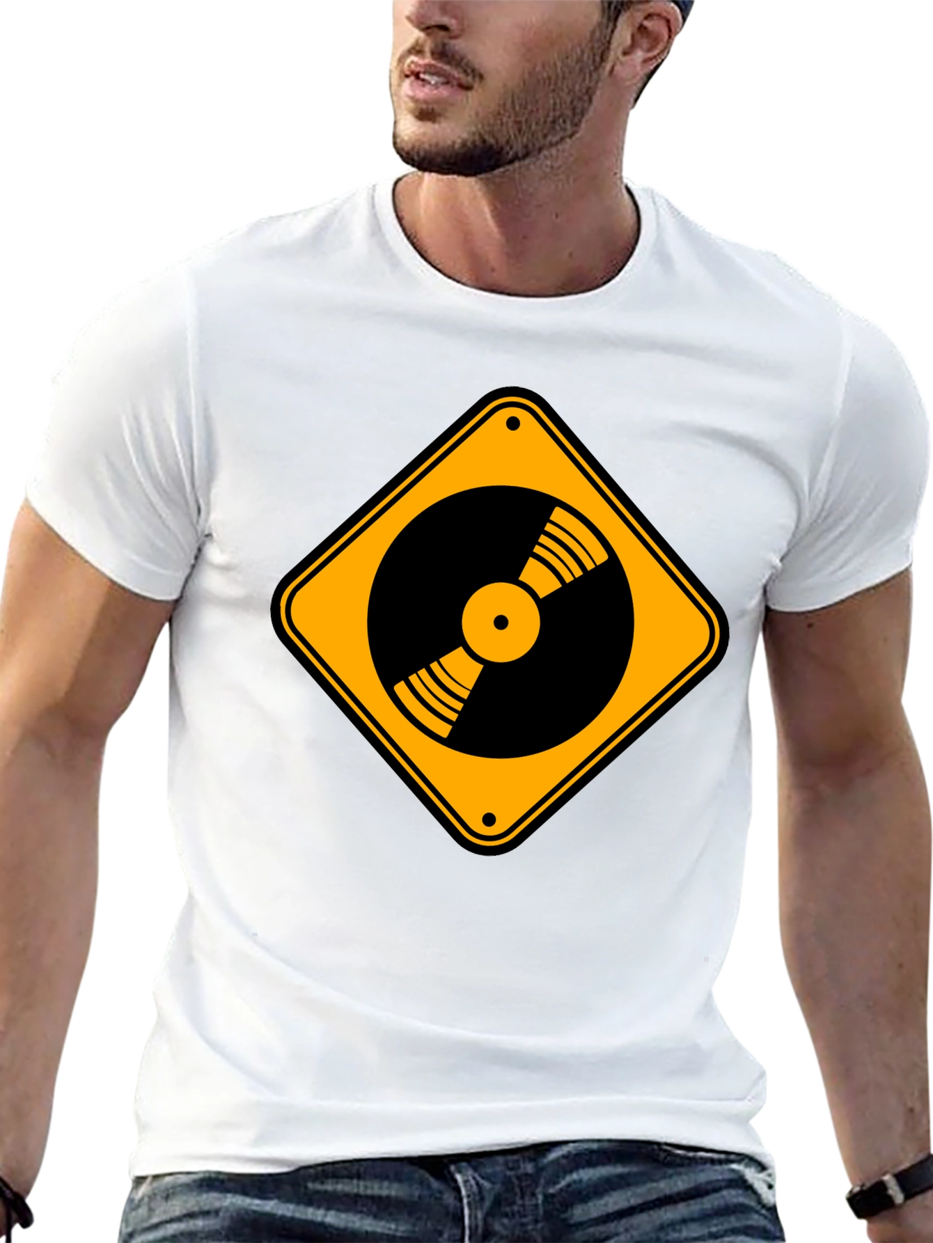 Vinyl Record Caution Sign Black T-Shirt