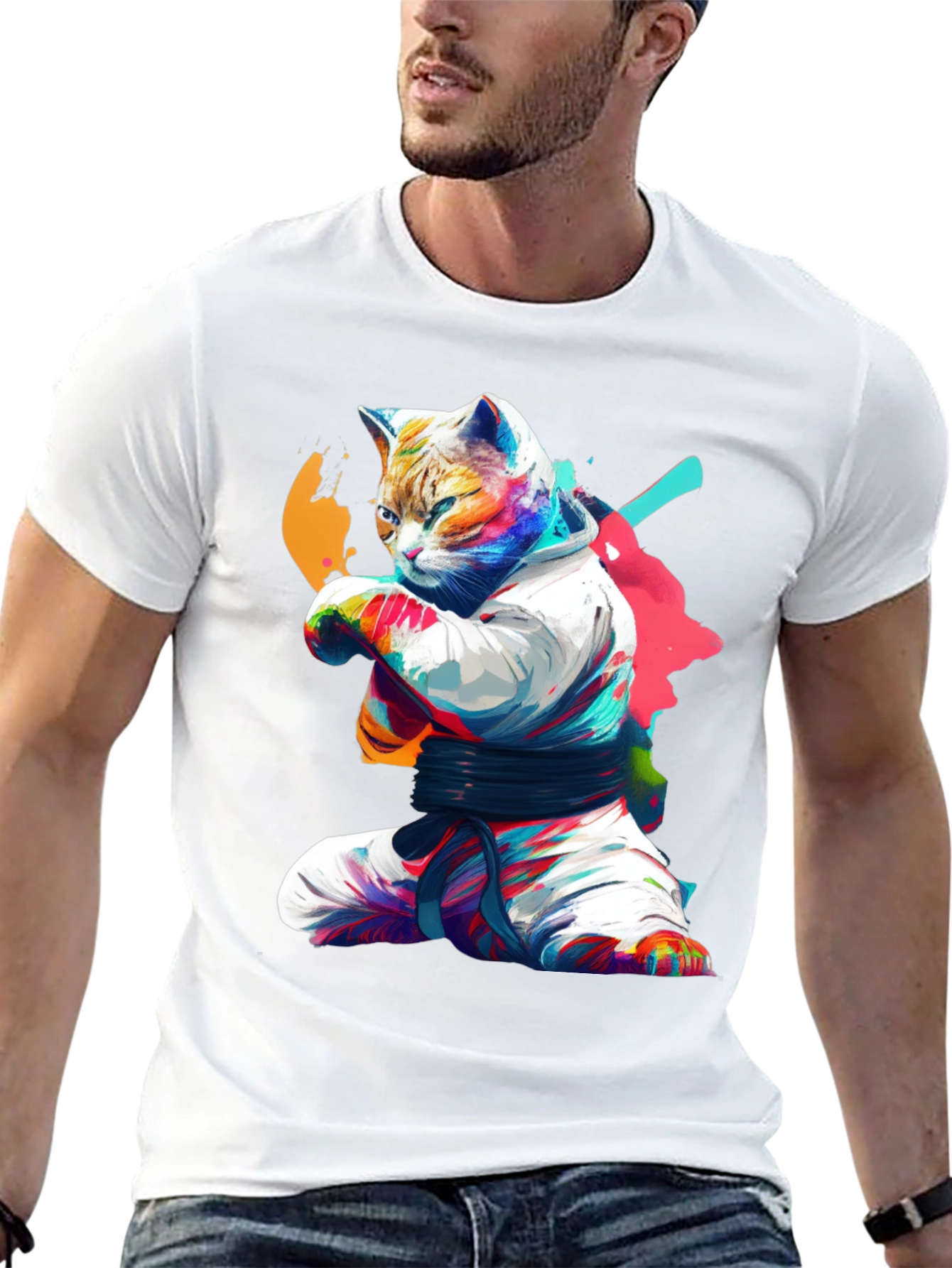 Karate Cat Graphic T-Shirt - Black Cotton Tee