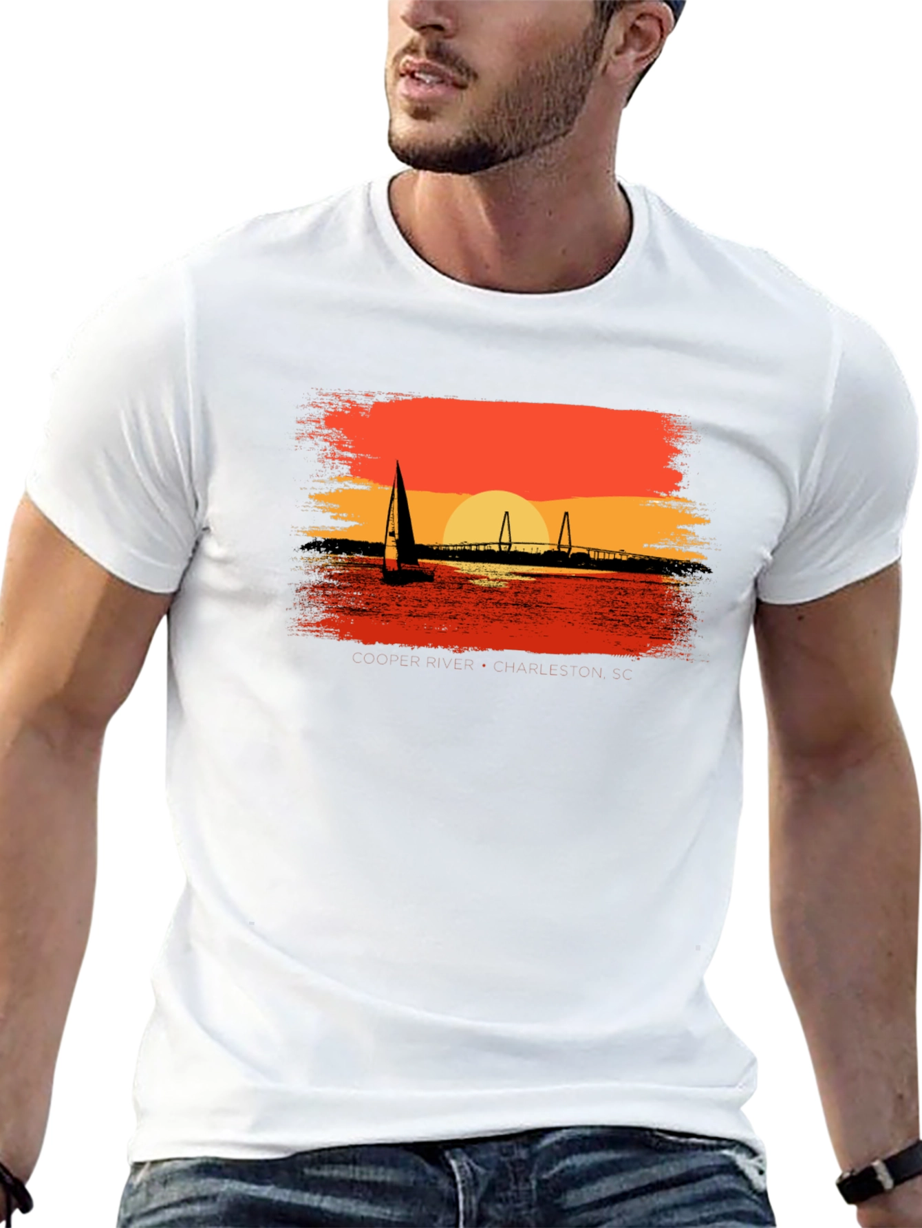 Sunset Sailboat Graphic Tee - Black Cotton T-Shirt