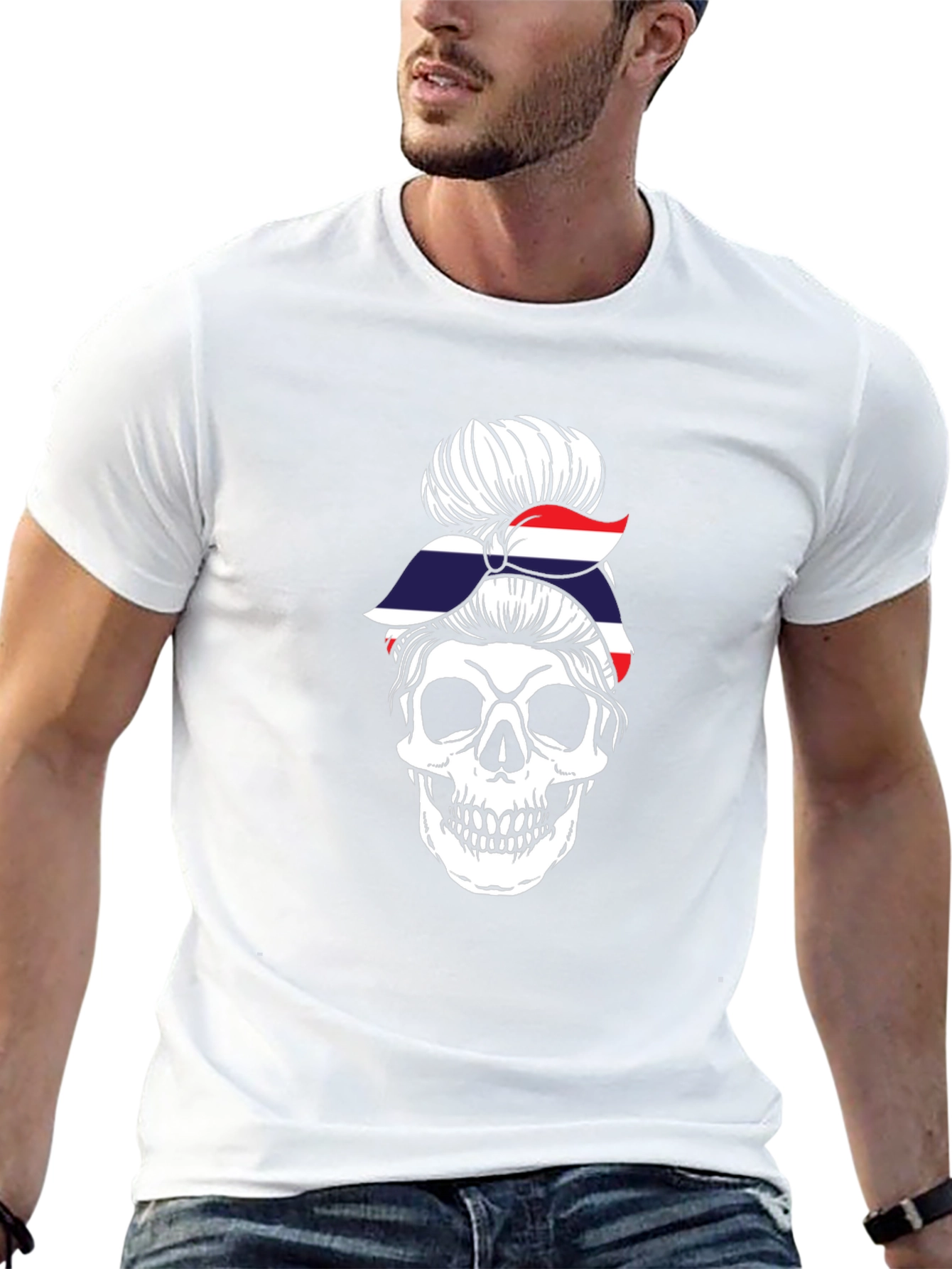 Skull Messy Bun Thailand Flag T-Shirt