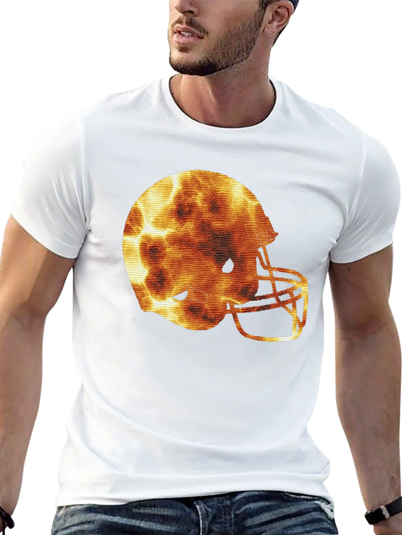 Fiery Football Helmet Graphic Tee - Sporty Design