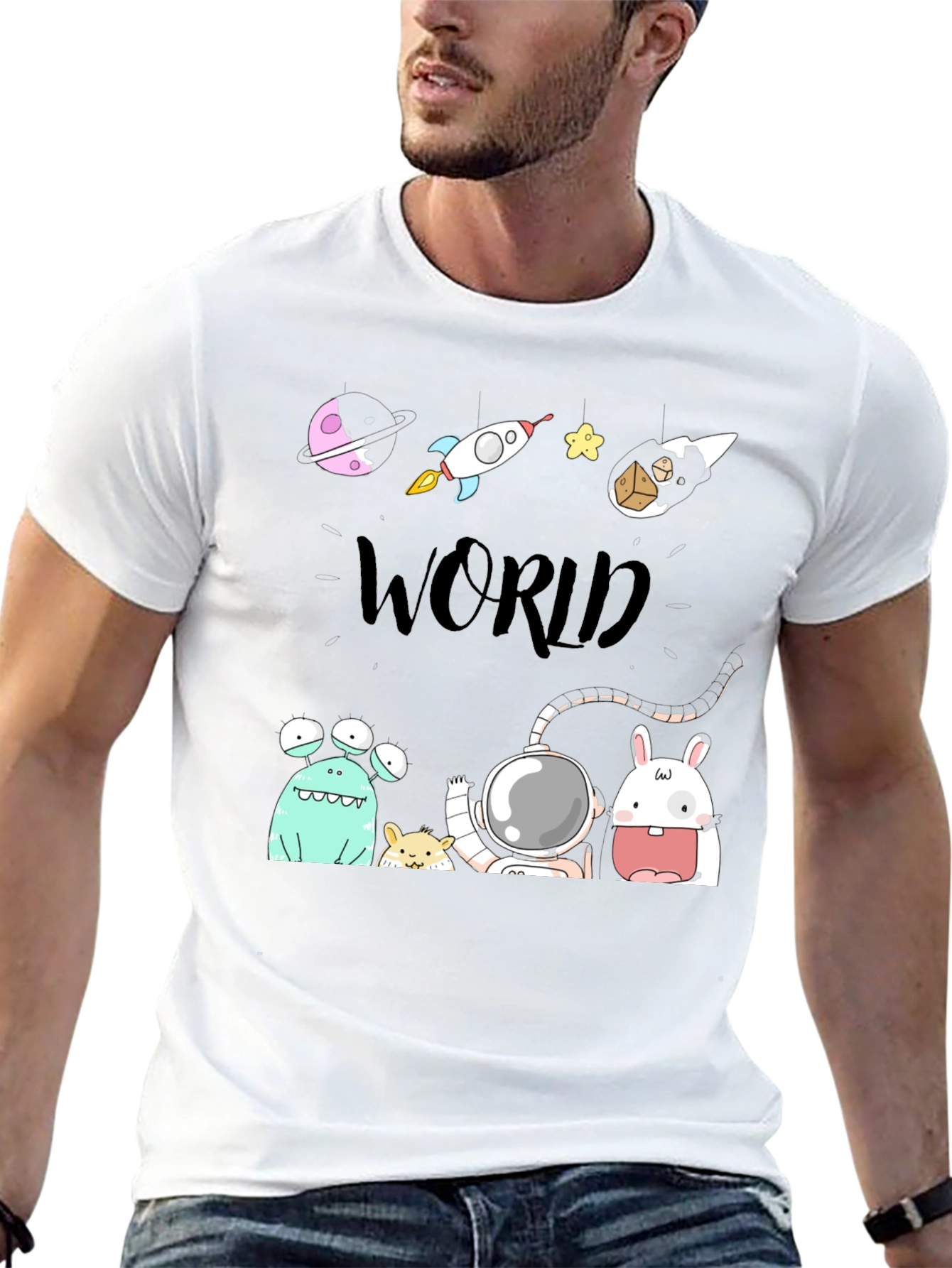 Cartoon Space World Black Graphic Tee