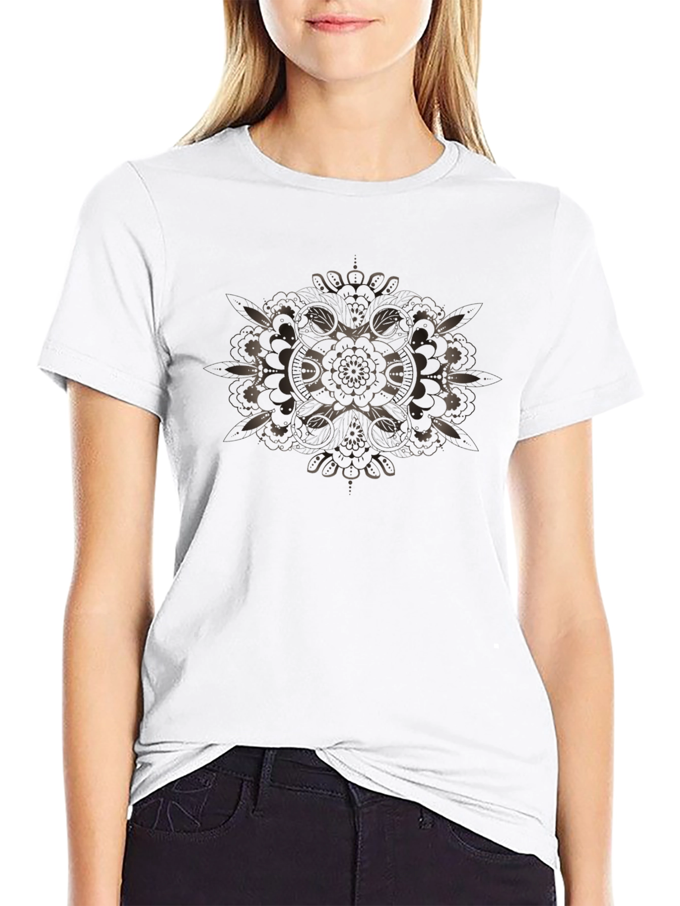 Abstract Floral Mandala Graphic Tee - Black