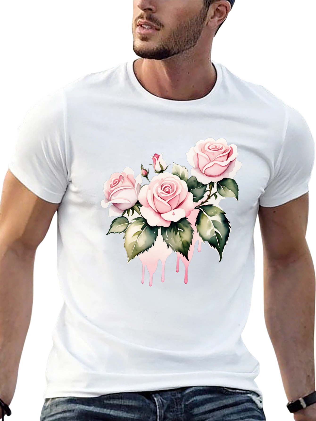 Black T-Shirt with Floral Rose Design