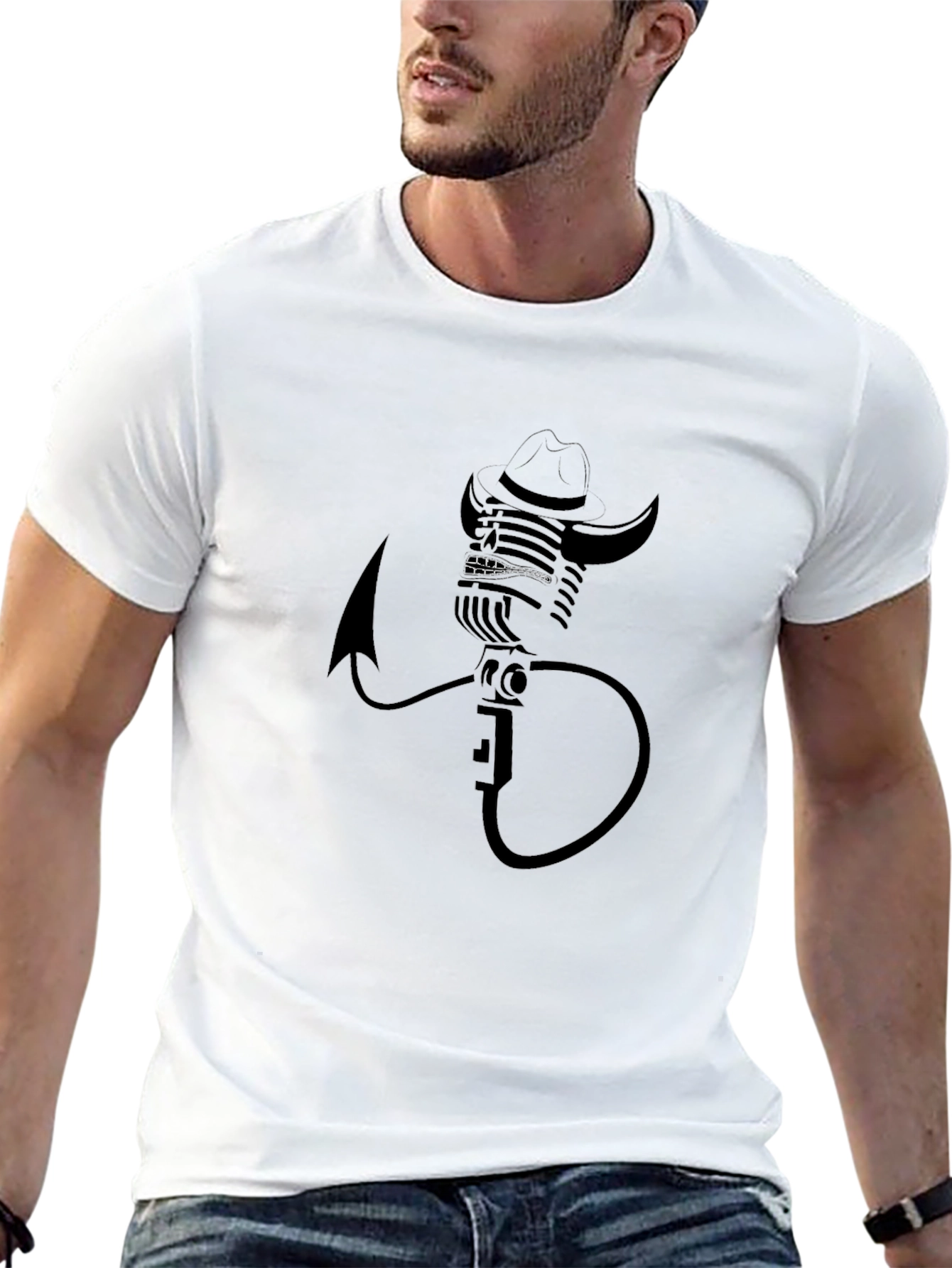 Retro Microphone Cowboy Graphic Tee - Classic Black