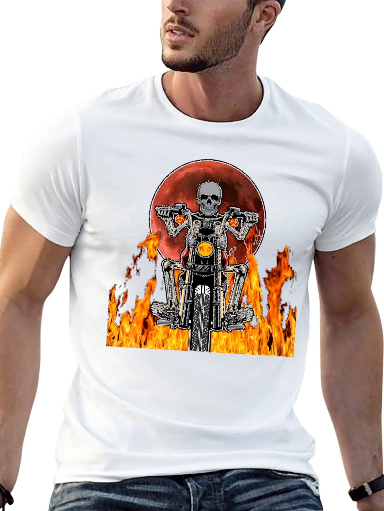 Skeleton Rider Graphic Tee - Fiery Motorcycle Design