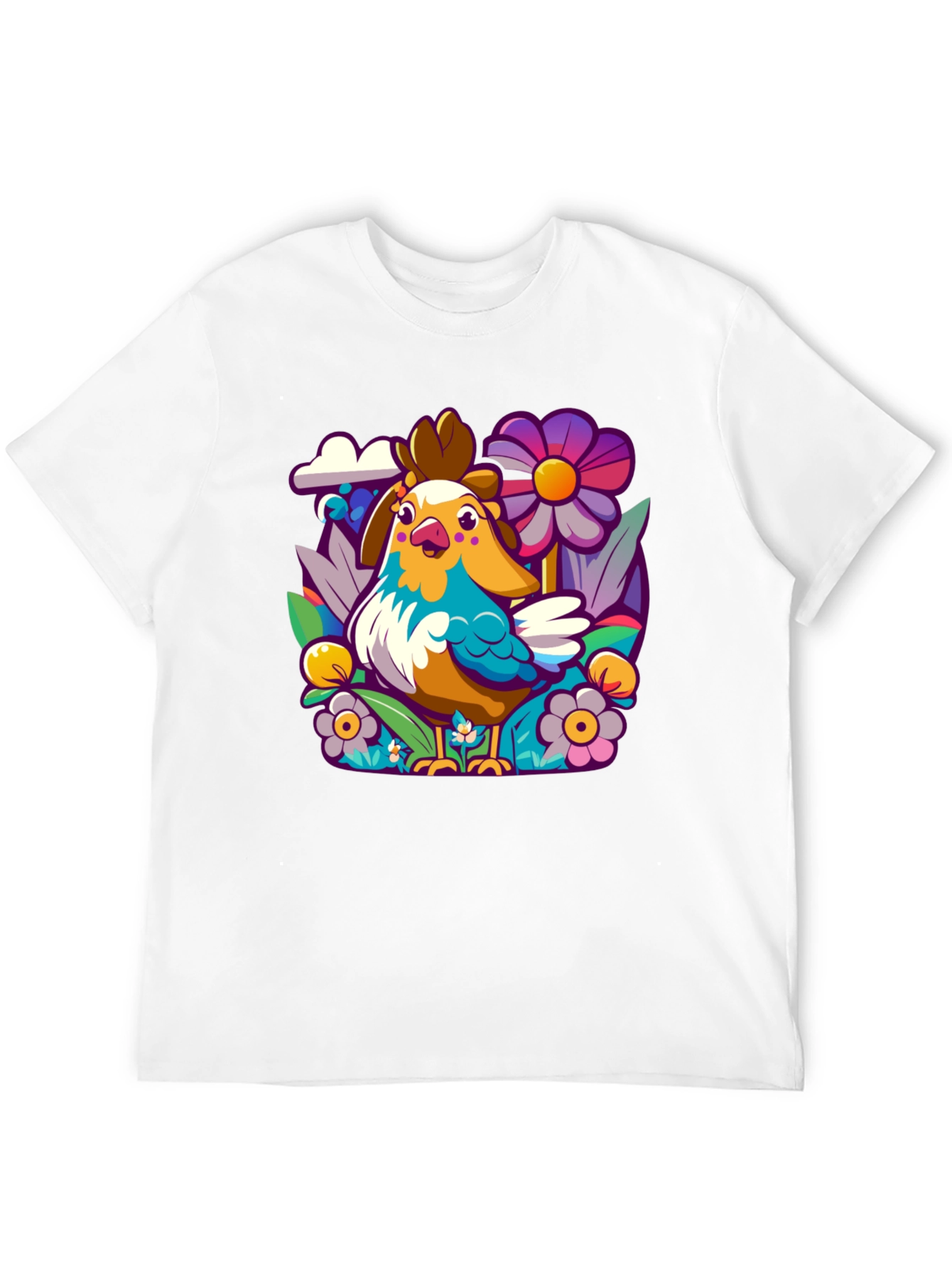 Cartoon Chicken & Floral T-Shirt - Unisex