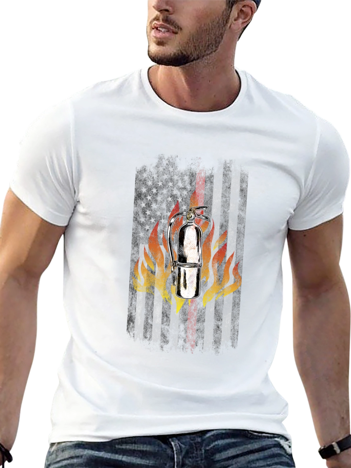 Firefighter American Flag Fire Extinguisher Graphic T-Shirt