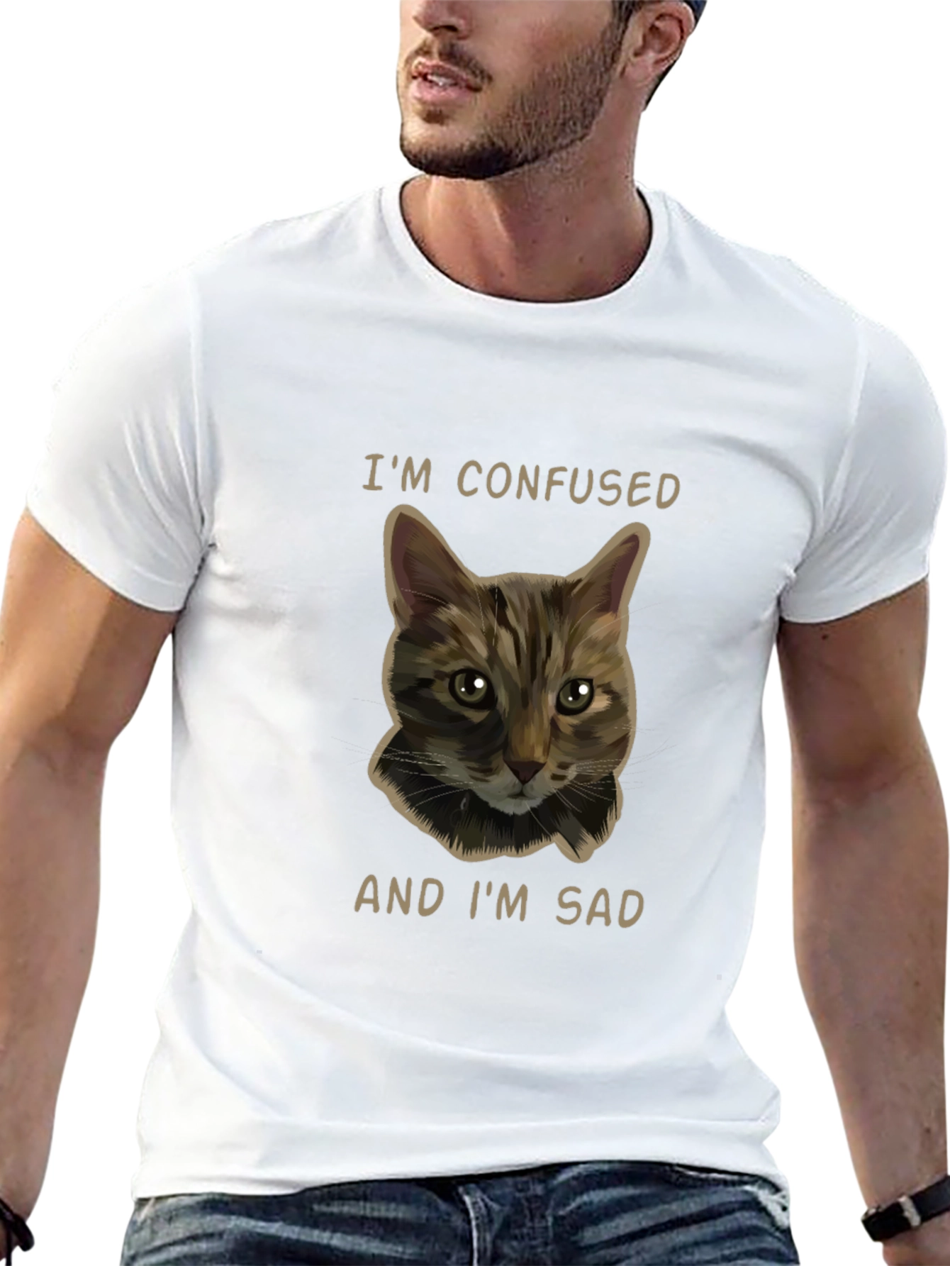 Confused Cat Graphic Tee - Unisex Black T-Shirt