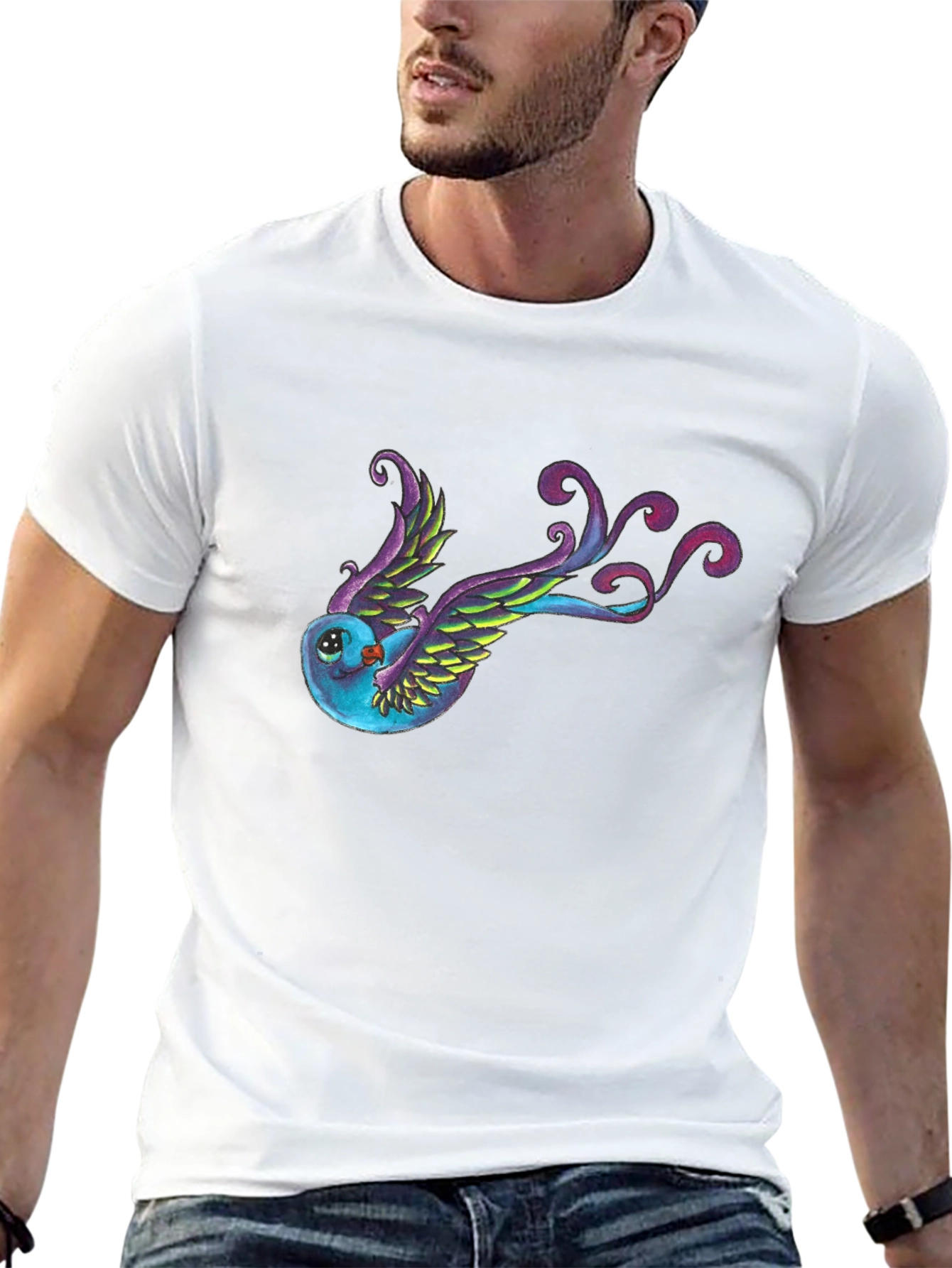 Whimsical Bird Graphic Tee - Black Cotton Blend