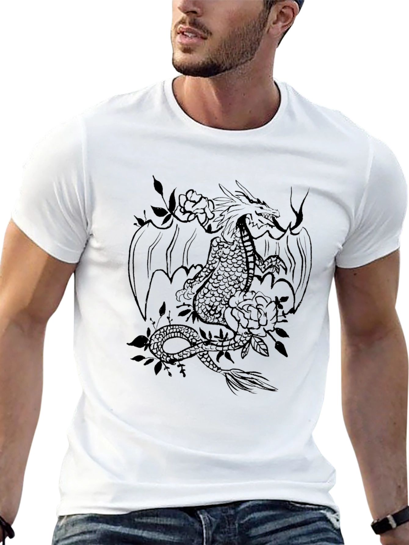 Dragon and Roses Graphic Tee - Black Cotton Blend