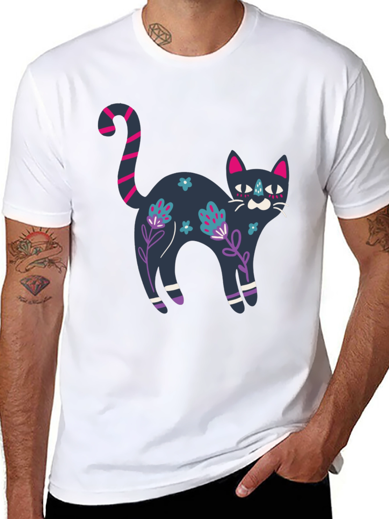 Black Cat Floral T-Shirt - Unique Design
