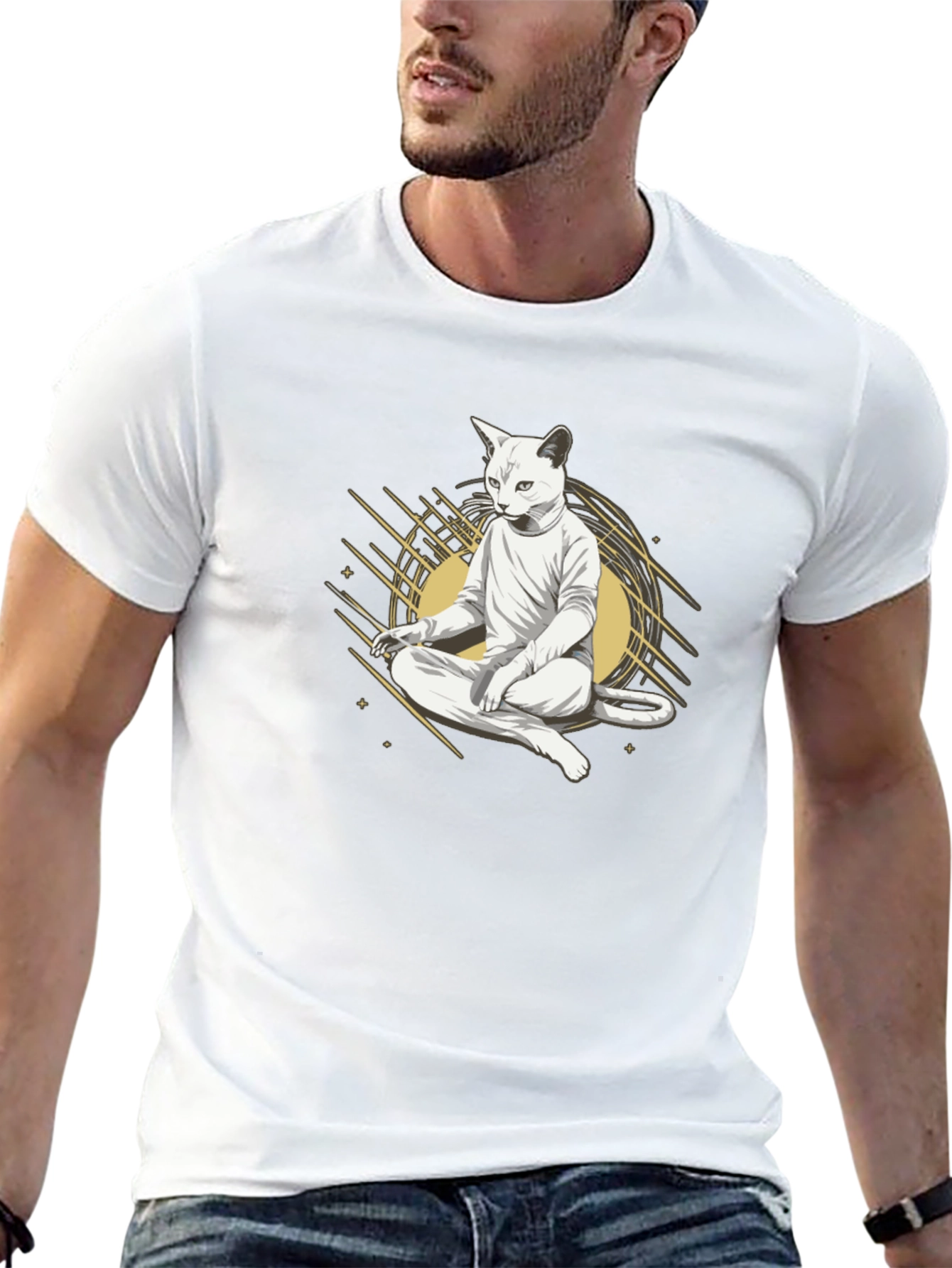Zen Cat Black T-Shirt - Meditating Feline Design