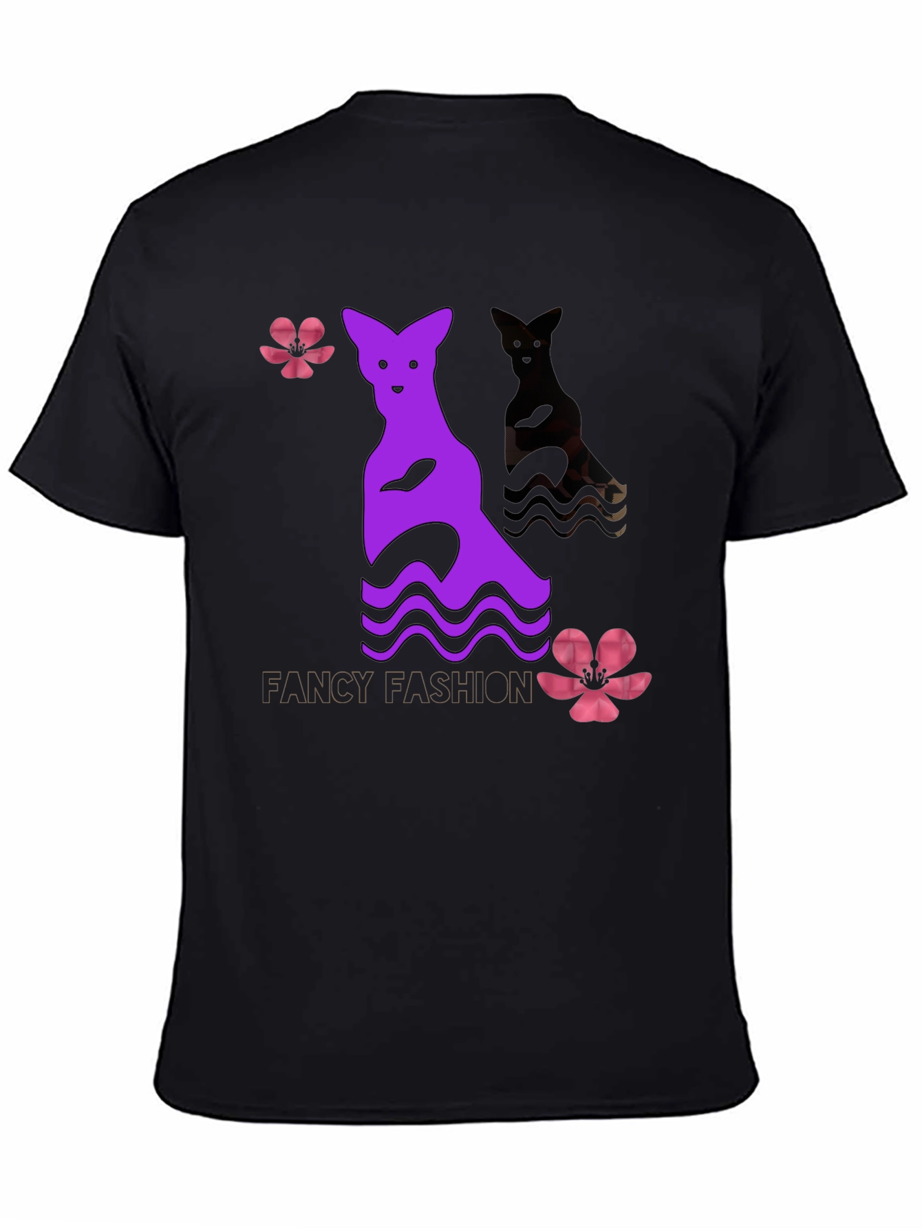 Unique Graphic Tee: Purple Cat & Floral Design