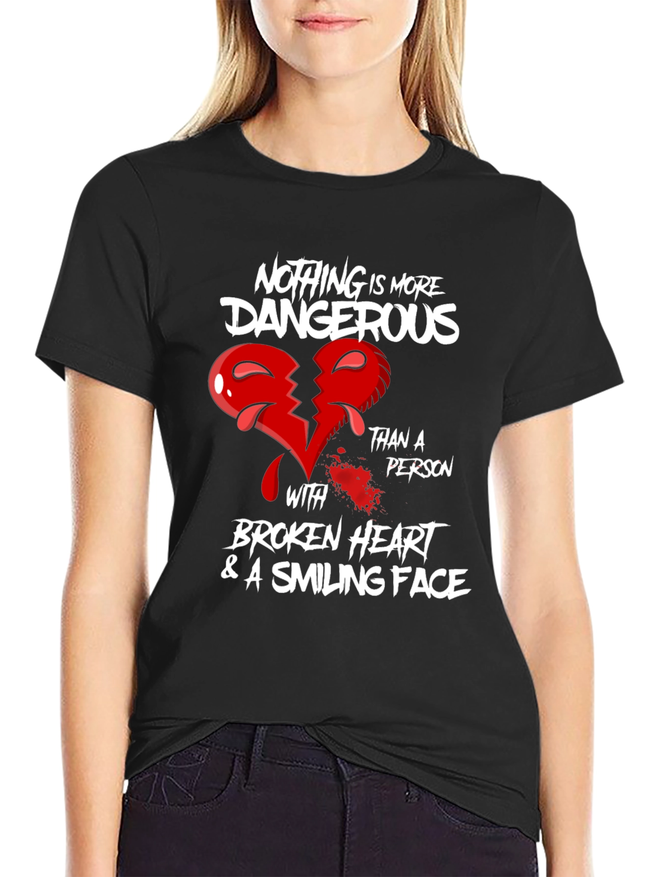 Broken Heart Smiling Face Graphic Tee - Black