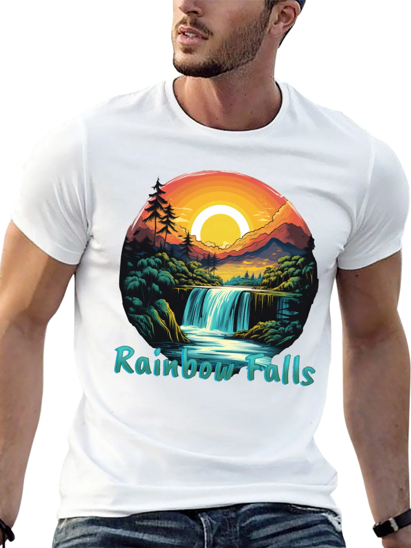 Rainbow Falls Graphic Print Black T-Shirt