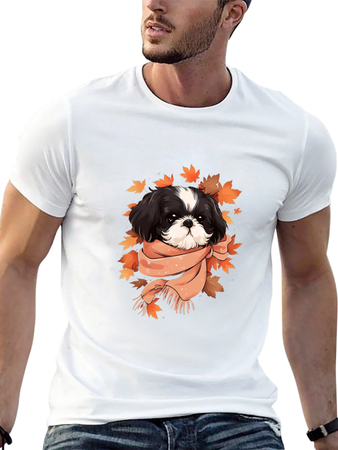 Dog With Scarf Graphic Tee - Autumn Style