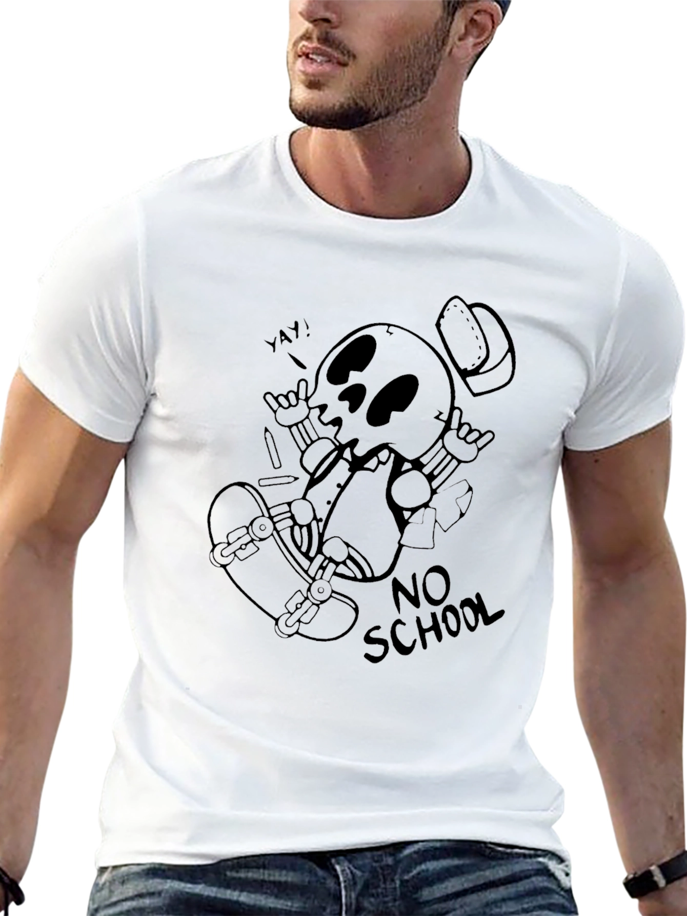 Cool Skeleton Skateboard Graphic Black T-Shirt