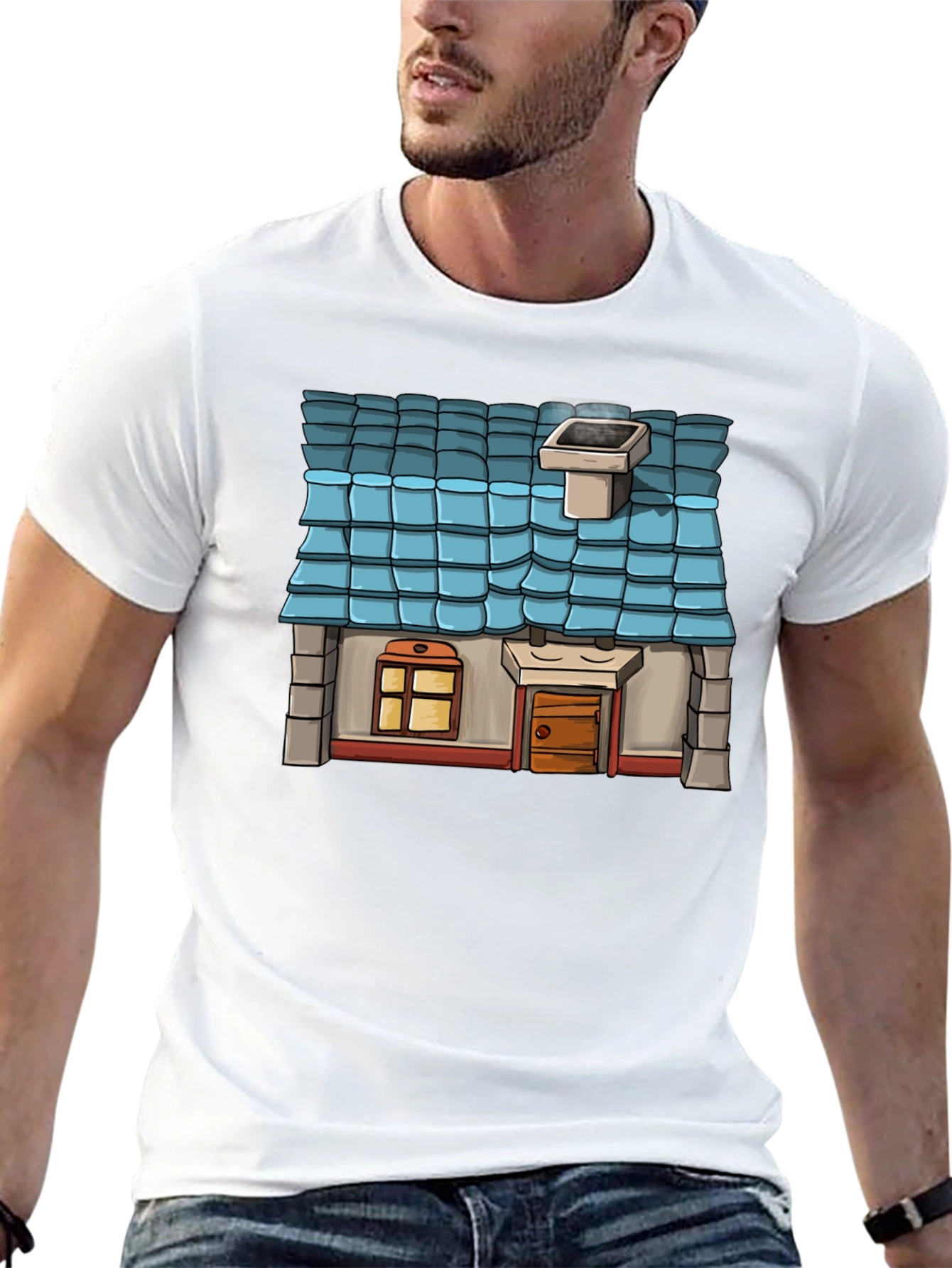 Cartoon House Graphic Tee - Black Cotton Casual Shirt