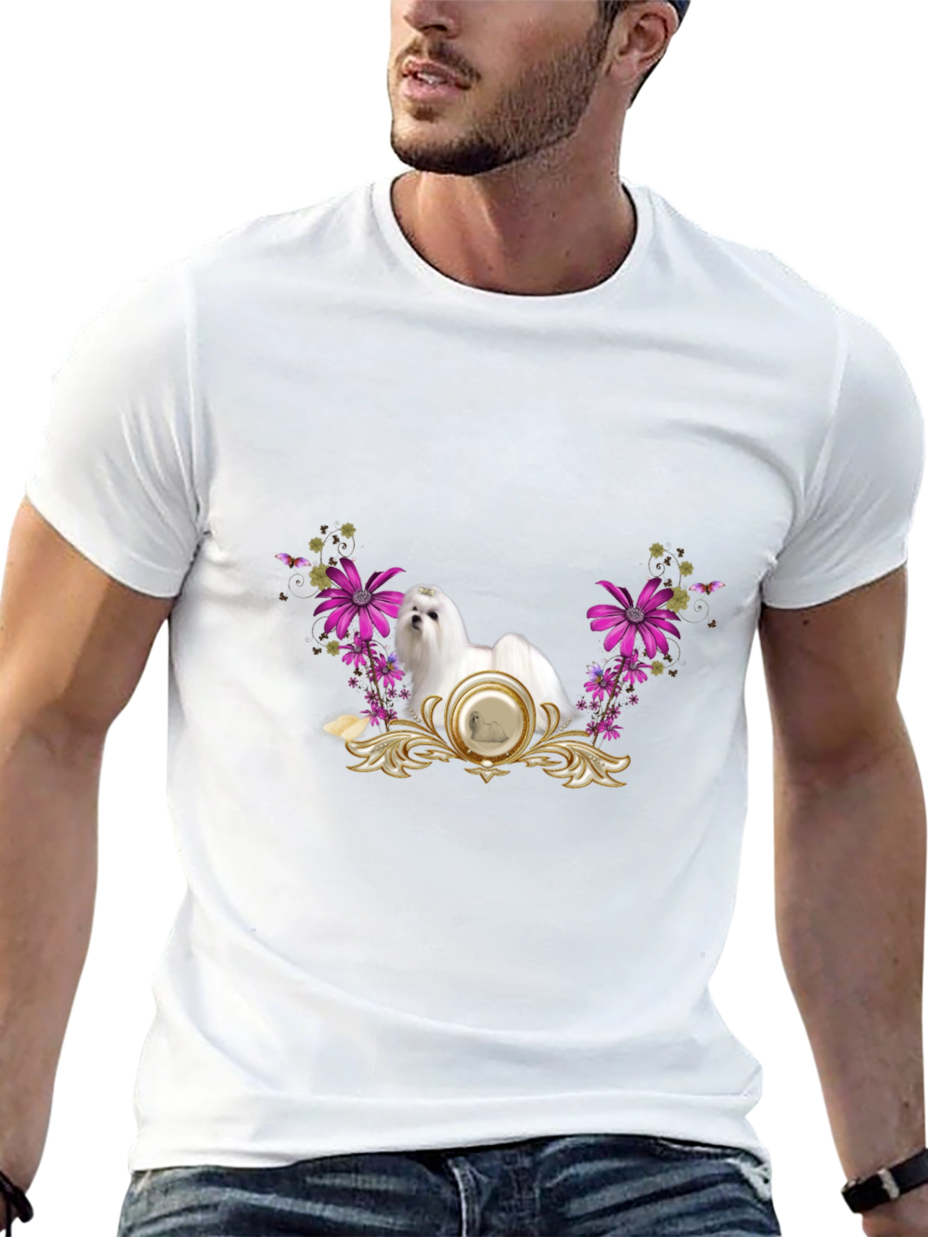 Floral Maltese Dog Graphic Tee - Black