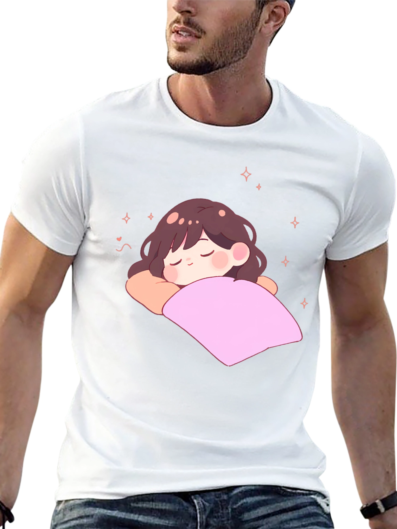 Cute Sleeping Anime Girl Black T-Shirt