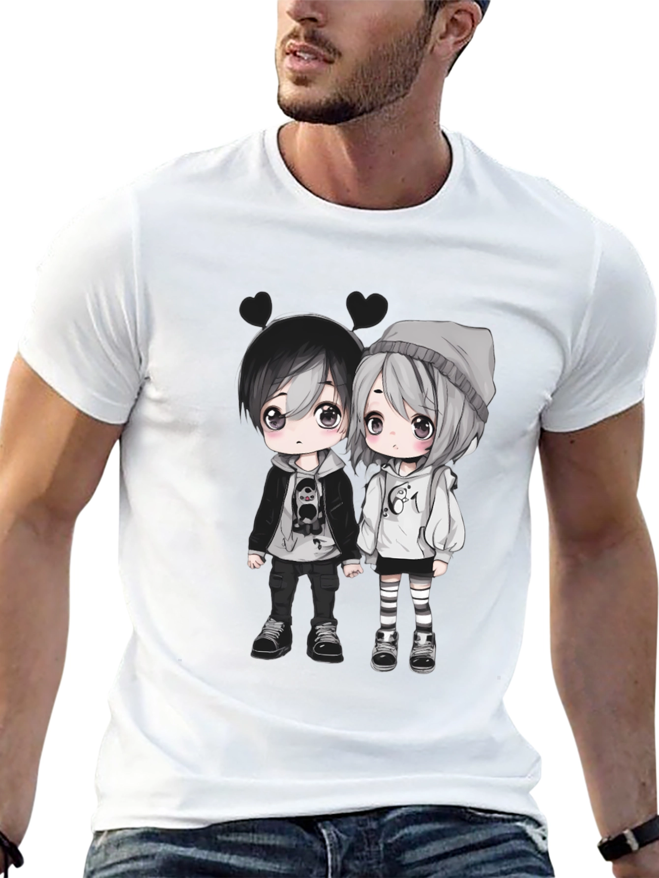 Anime Couple Graphic Black T-Shirt