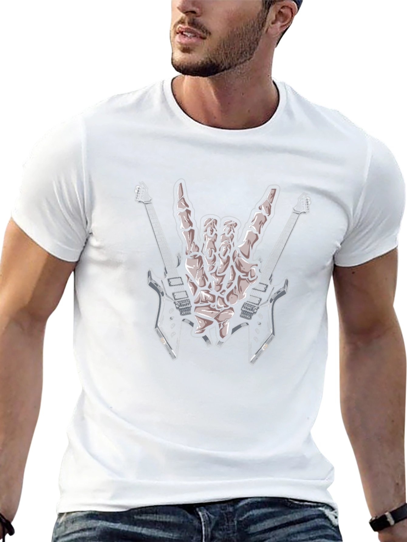 Rock On Skeleton Hand & Guitars Graphic Tee