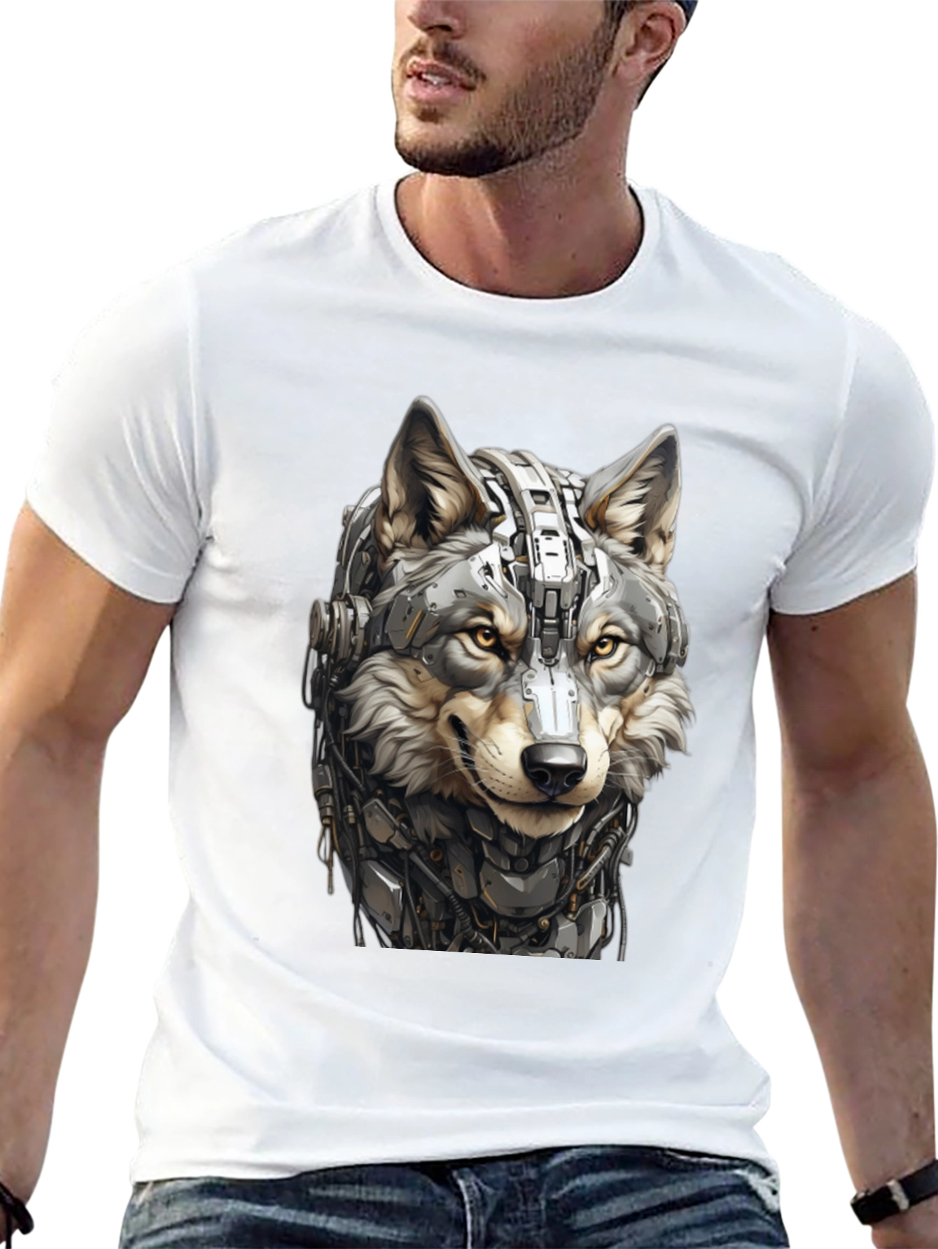 Cyber Wolf Graphic Tee - Black Cotton T-Shirt