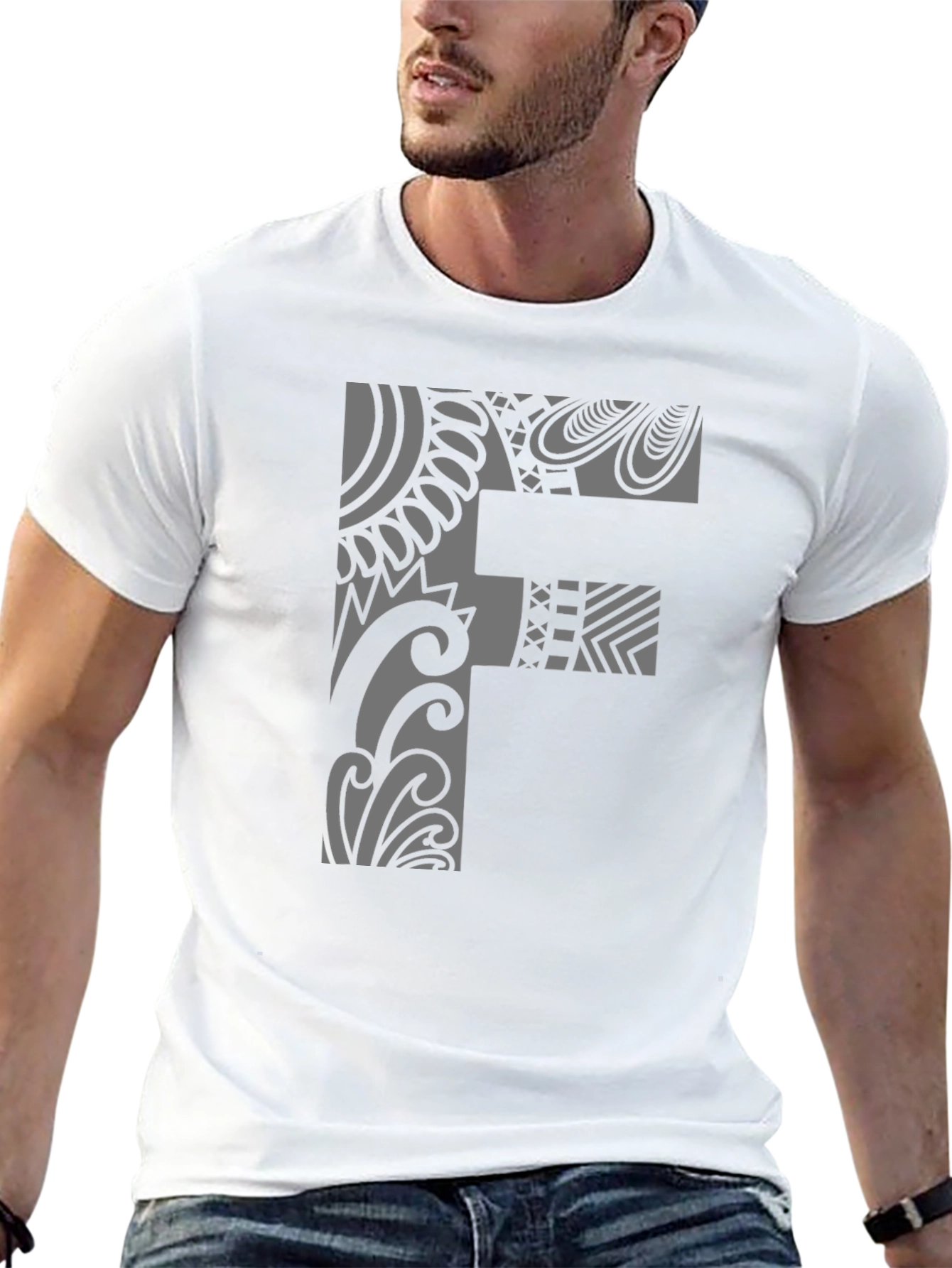 Tribal Pattern F Letter Black T-Shirt