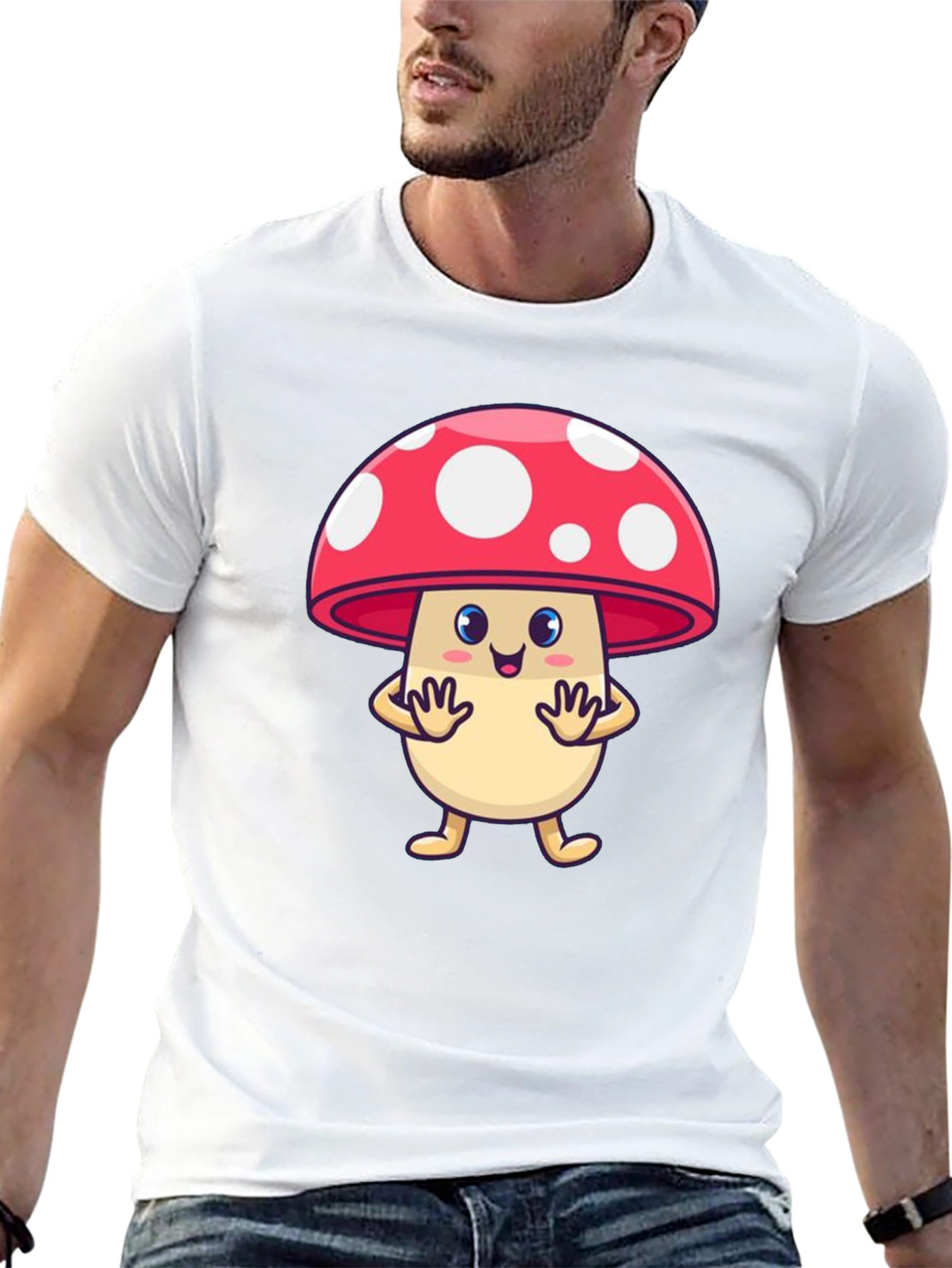 Cute Mushroom Cartoon Graphic Tee - Black
