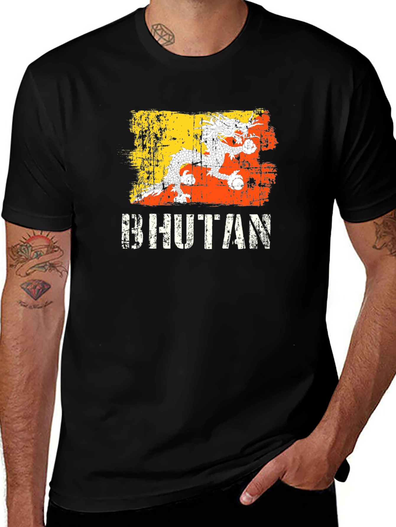 Bhutan Flag Dragon Graphic T-Shirt - Black