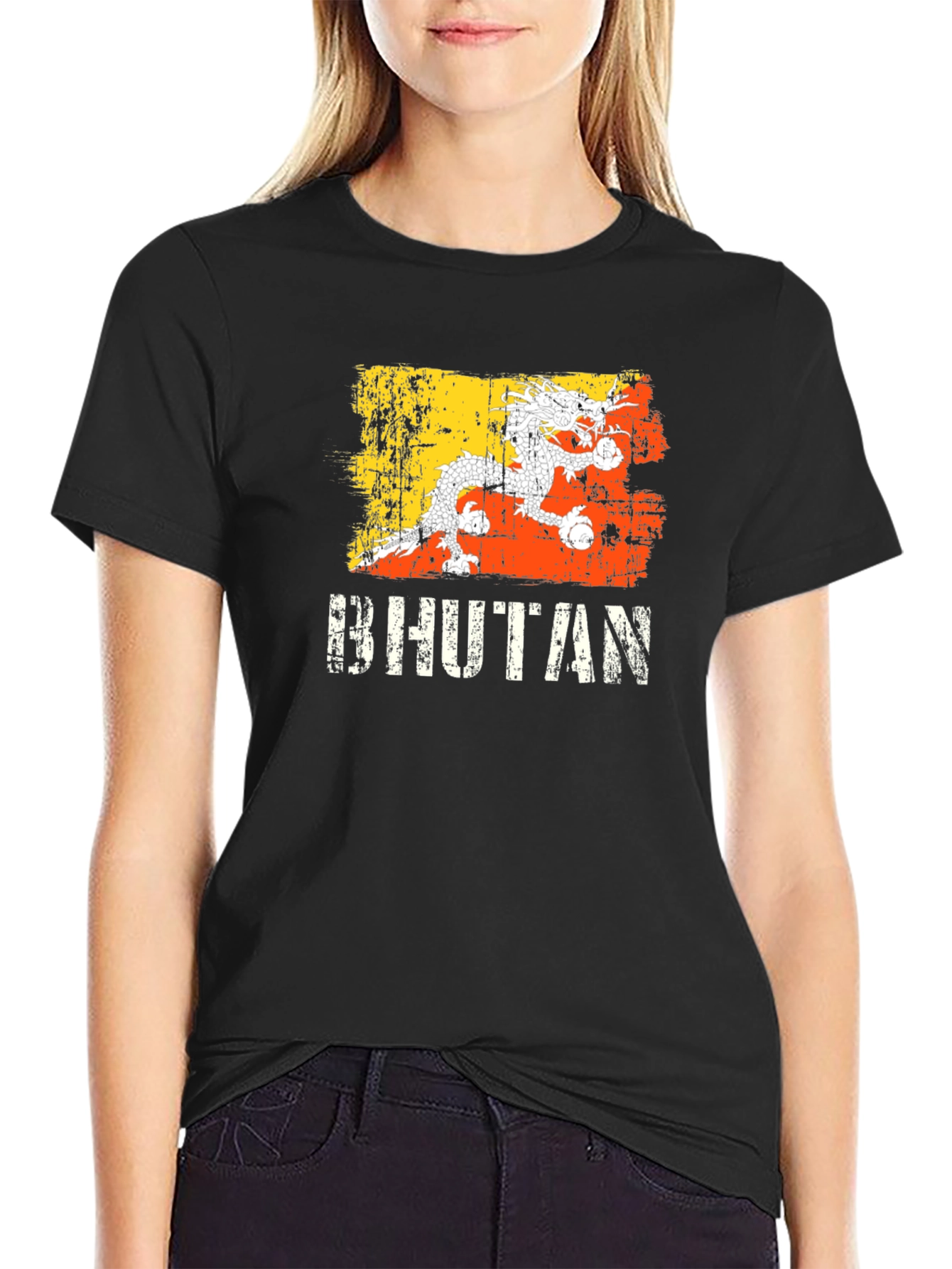 Bhutan Flag Dragon Graphic T-Shirt - Black