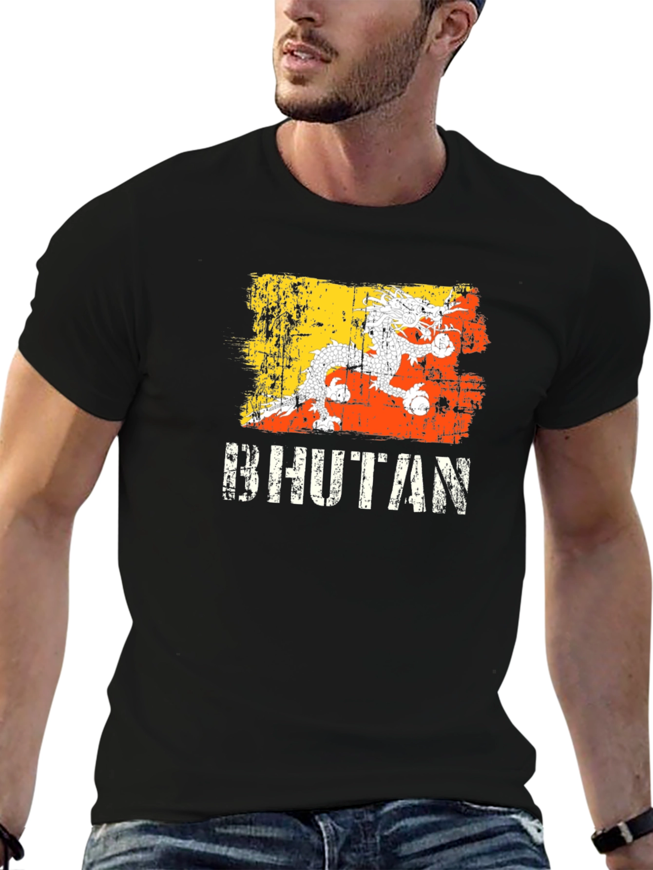 Bhutan Flag Dragon Graphic T-Shirt - Black