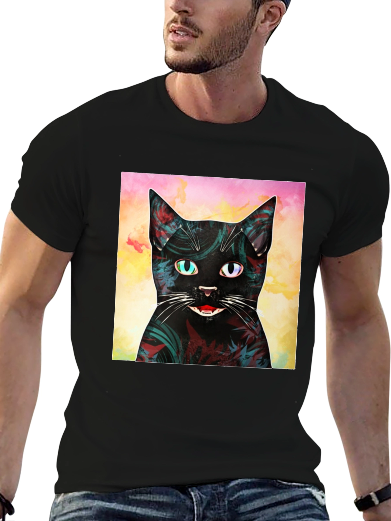Abstract Cat Graphic Print Black T-Shirt