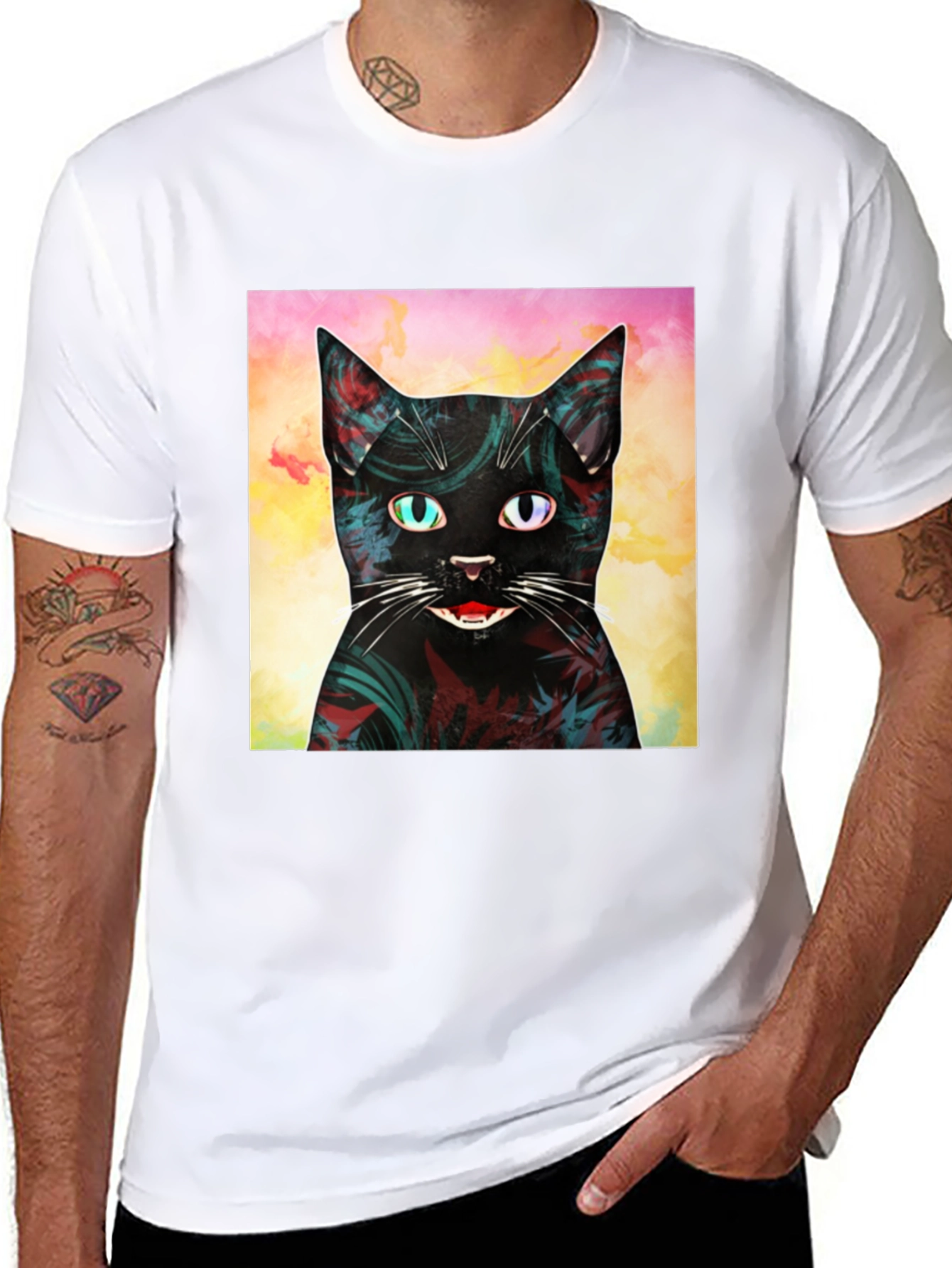 Abstract Cat Graphic Print Black T-Shirt