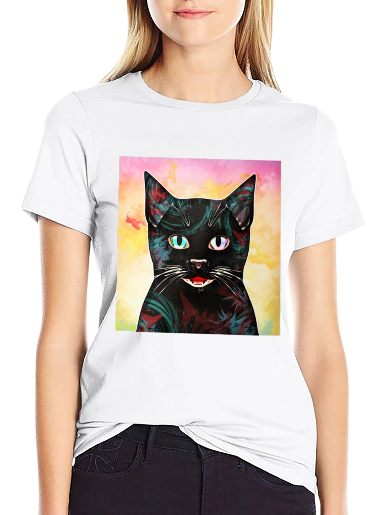 Abstract Cat Graphic Print Black T-Shirt