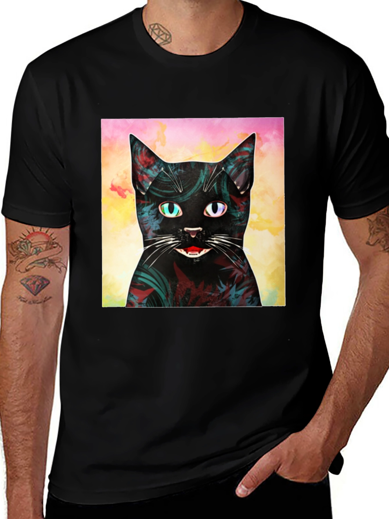 Abstract Cat Graphic Print Black T-Shirt