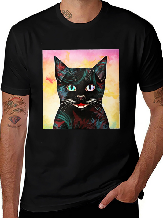 Abstract Cat Graphic Print Black T-Shirt