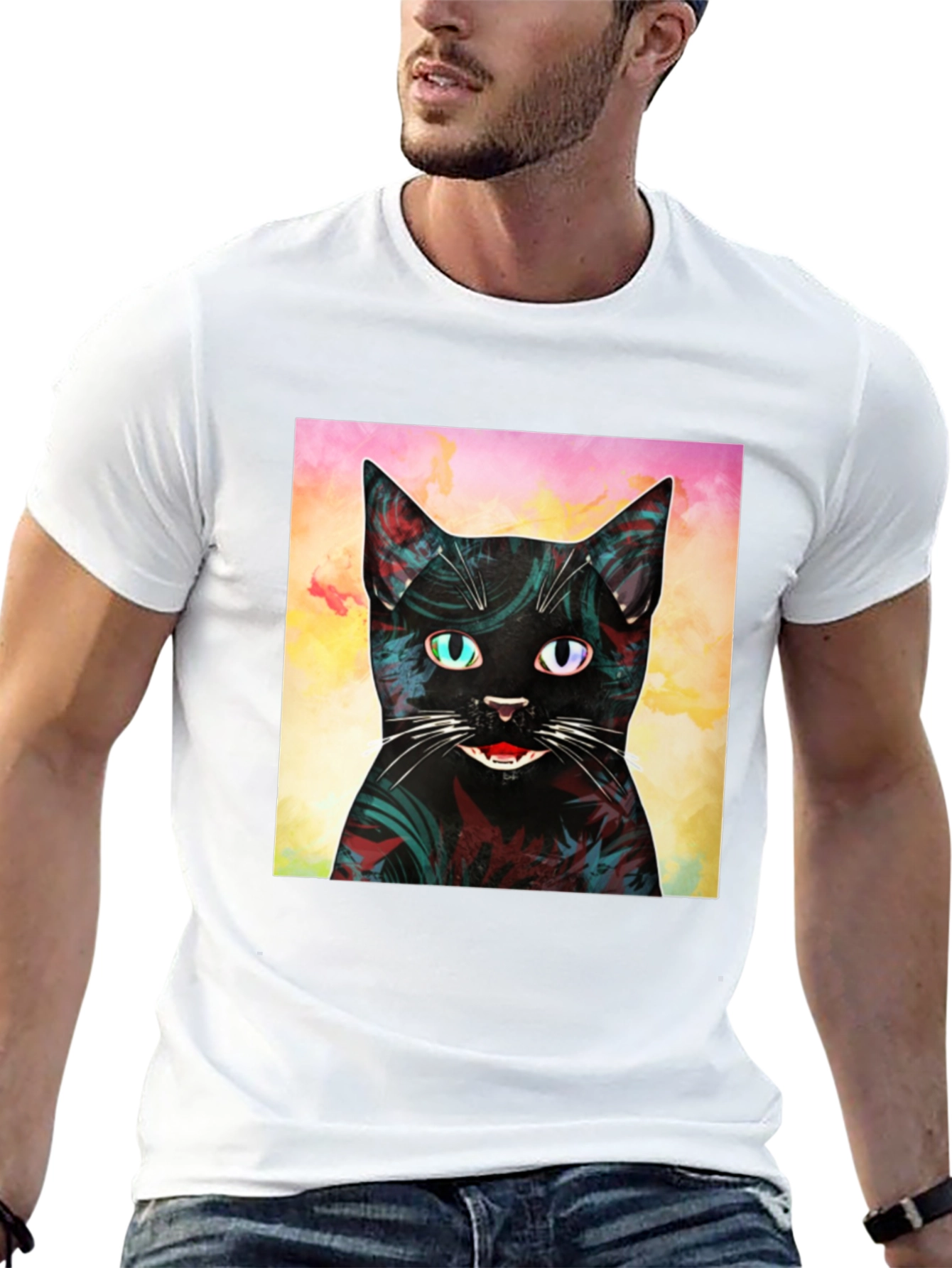 Abstract Cat Graphic Print Black T-Shirt