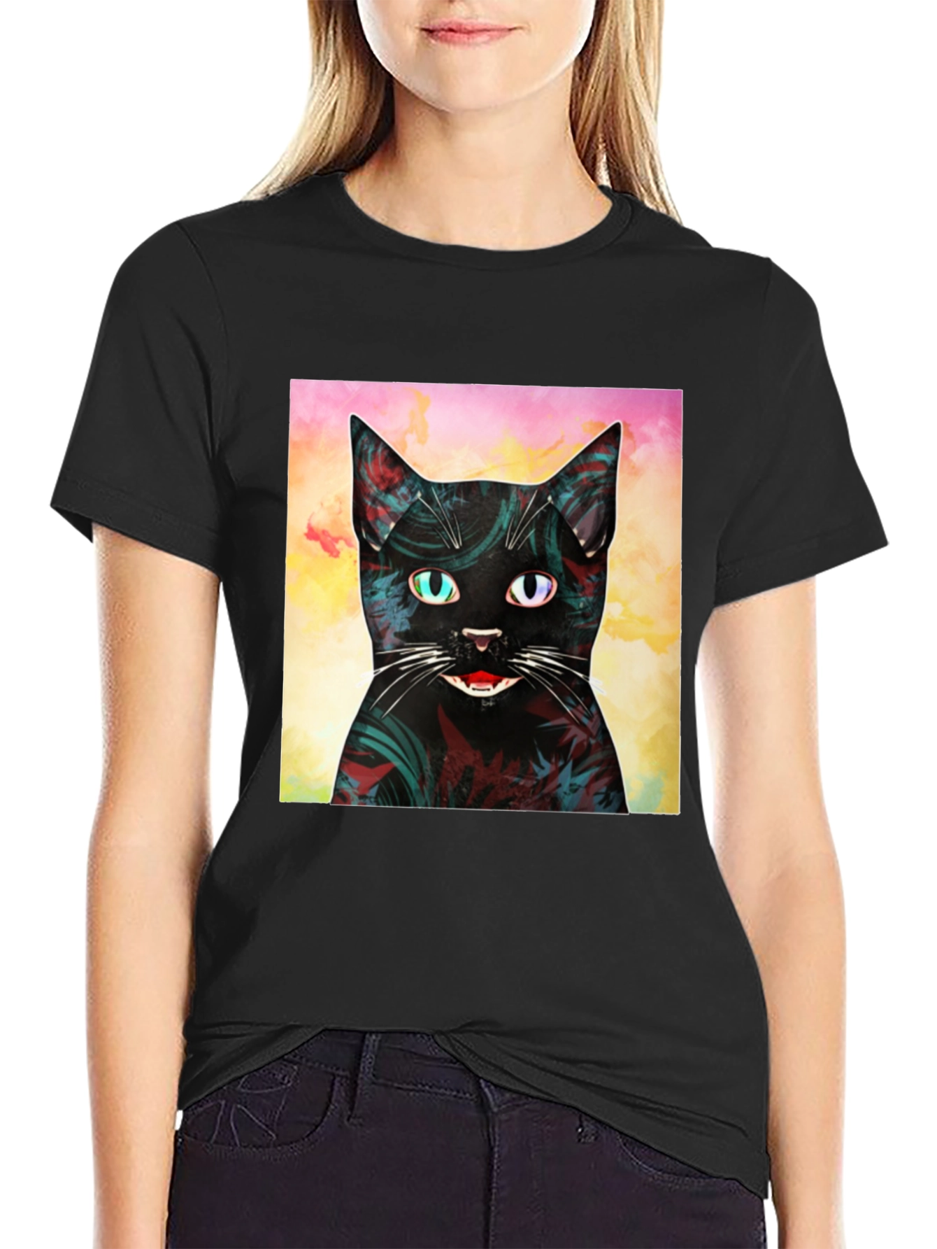Abstract Cat Graphic Print Black T-Shirt