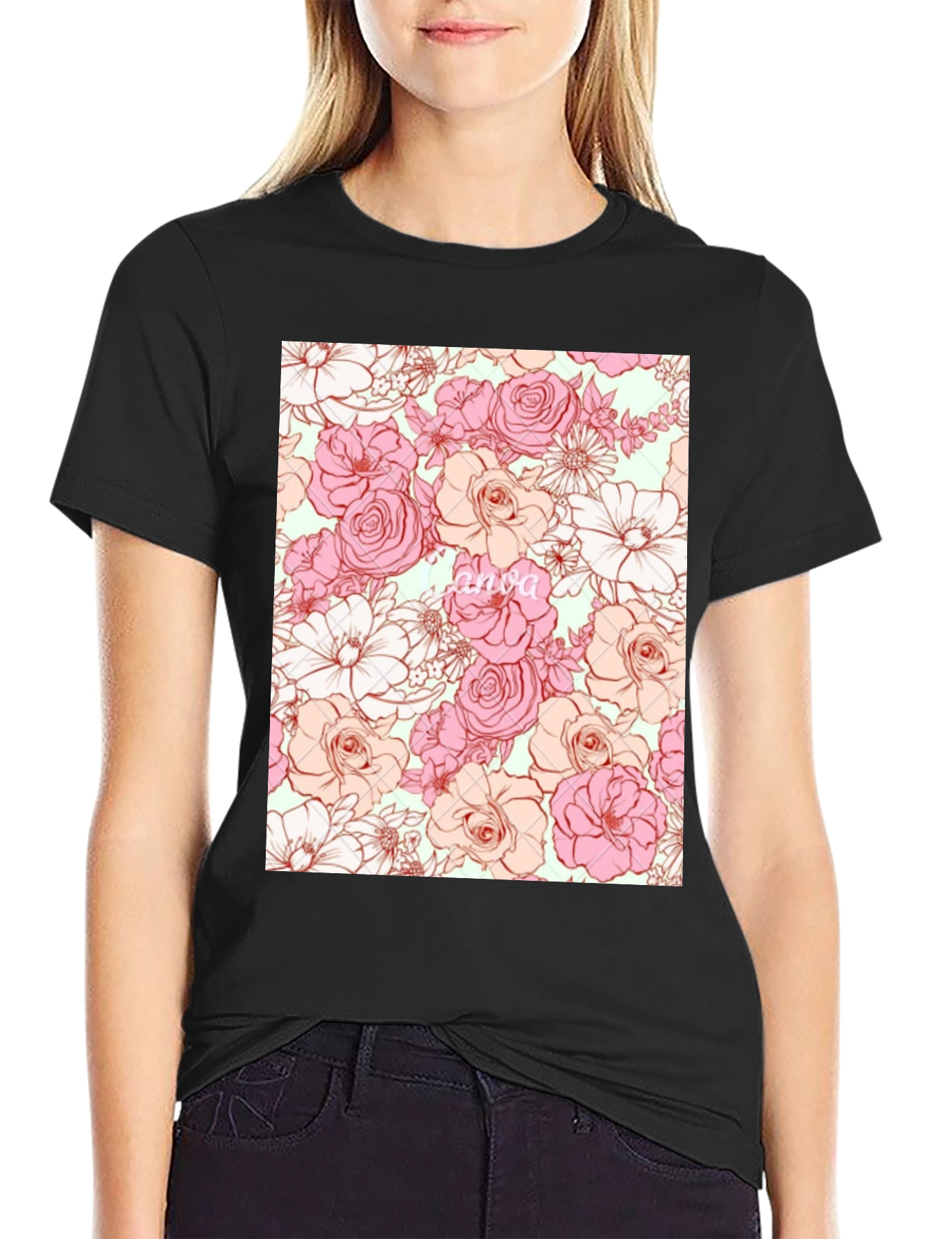 Floral Print T-Shirt - Black Casual Tee