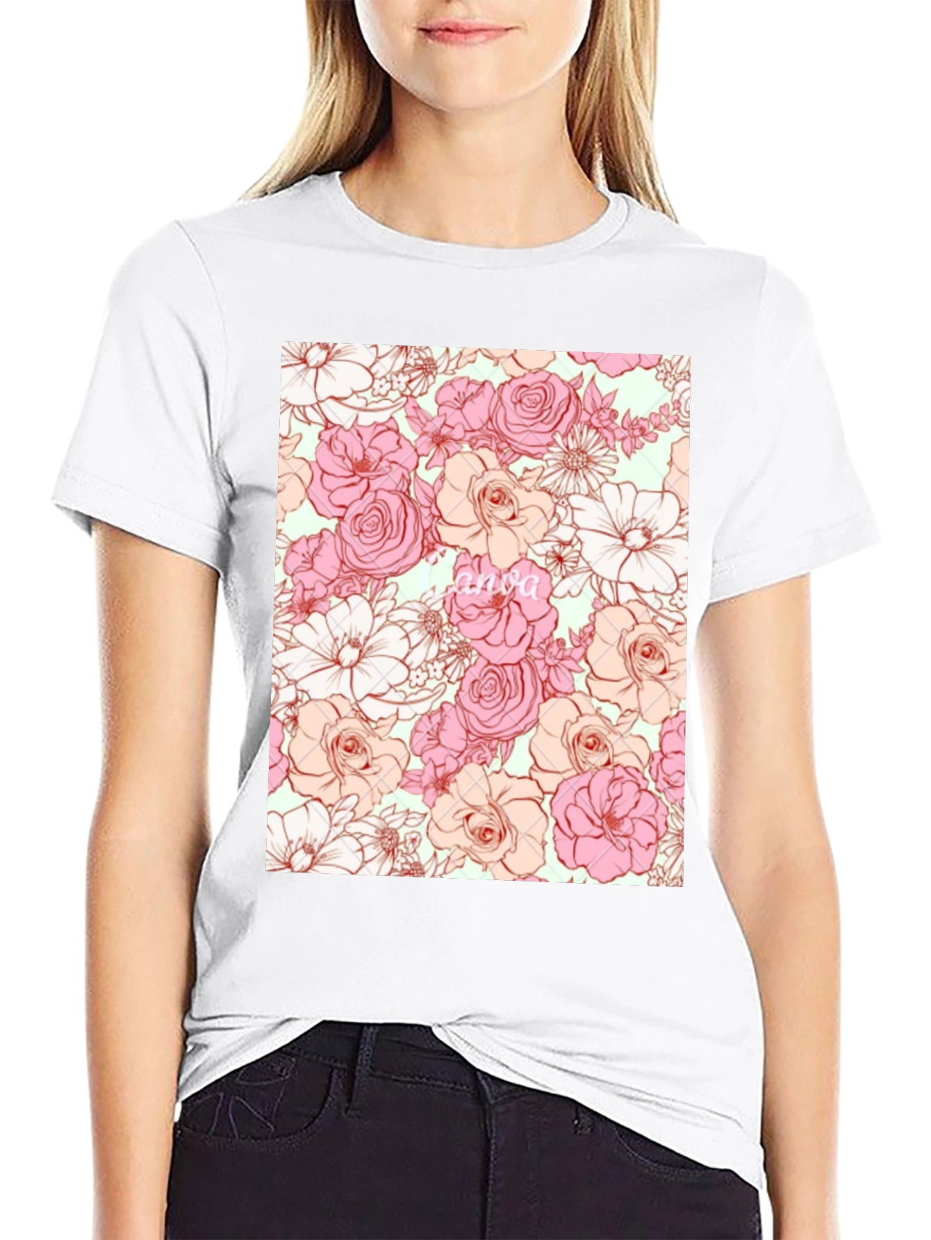 Floral Print T-Shirt - Black Casual Tee