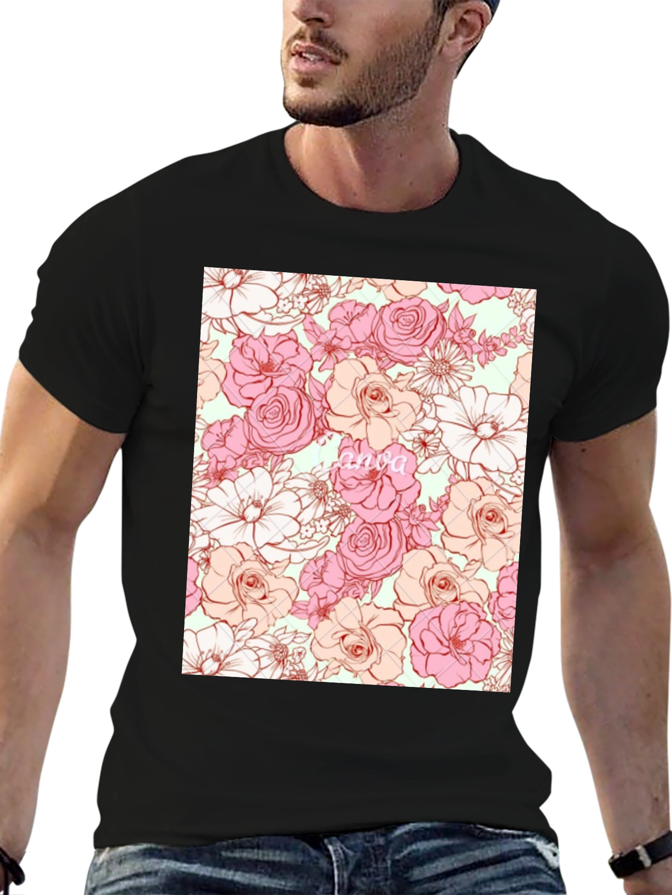 Floral Print T-Shirt - Black Casual Tee